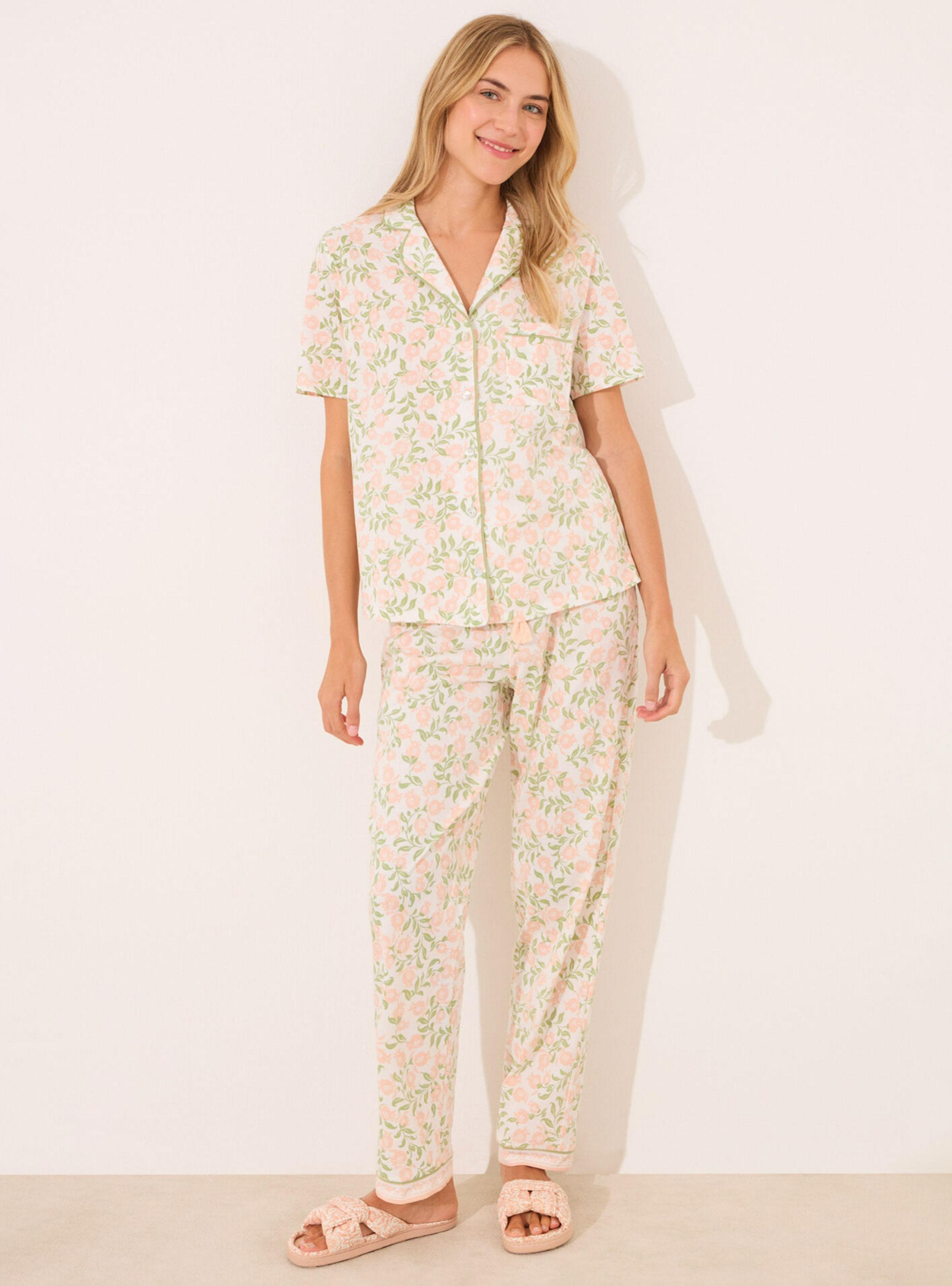 Pijama Camisero Cuello Solapa Algodón Estampado-0