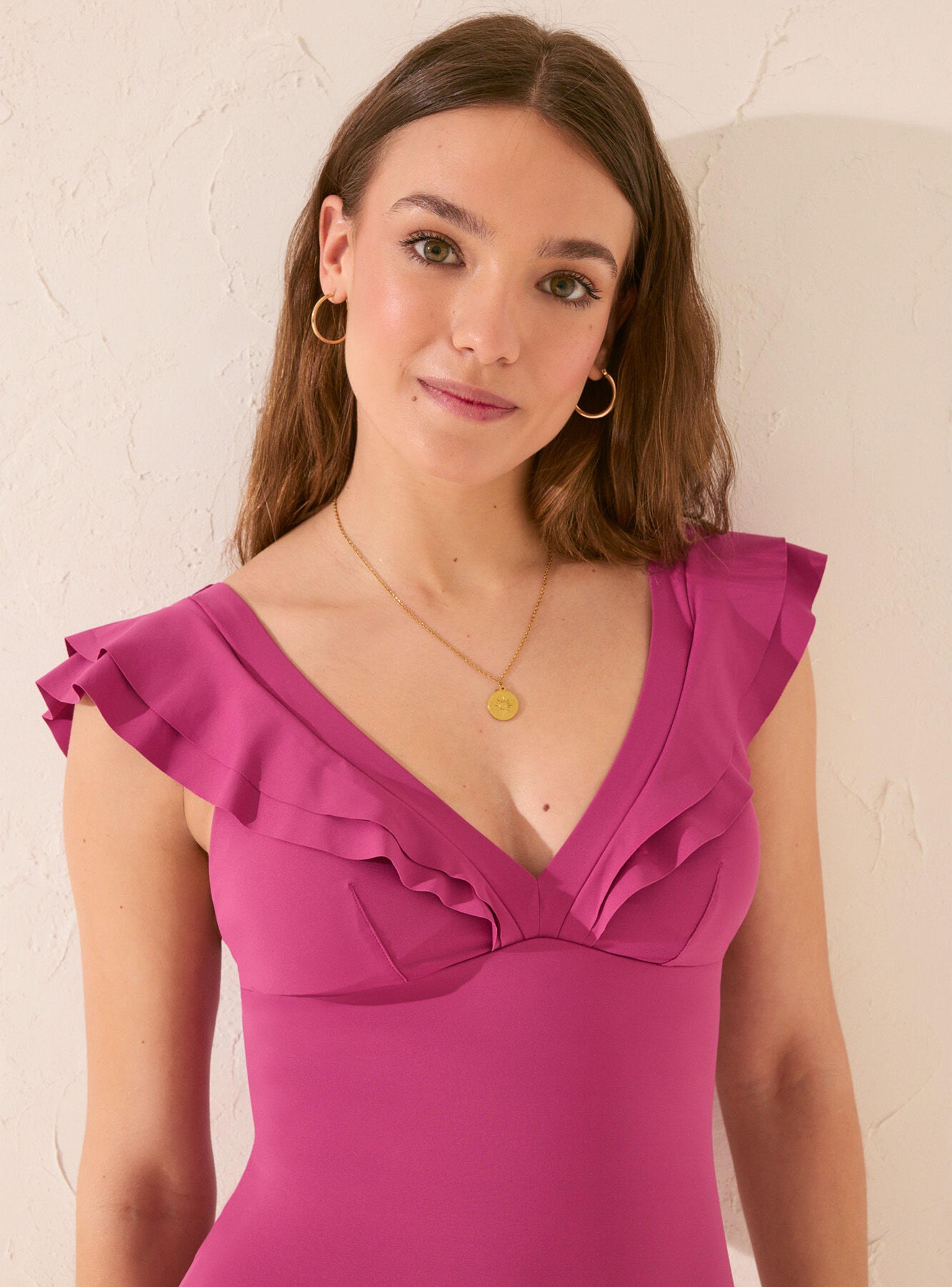 Traje de Baño Moldeador Escote V Volantes Rosa-3