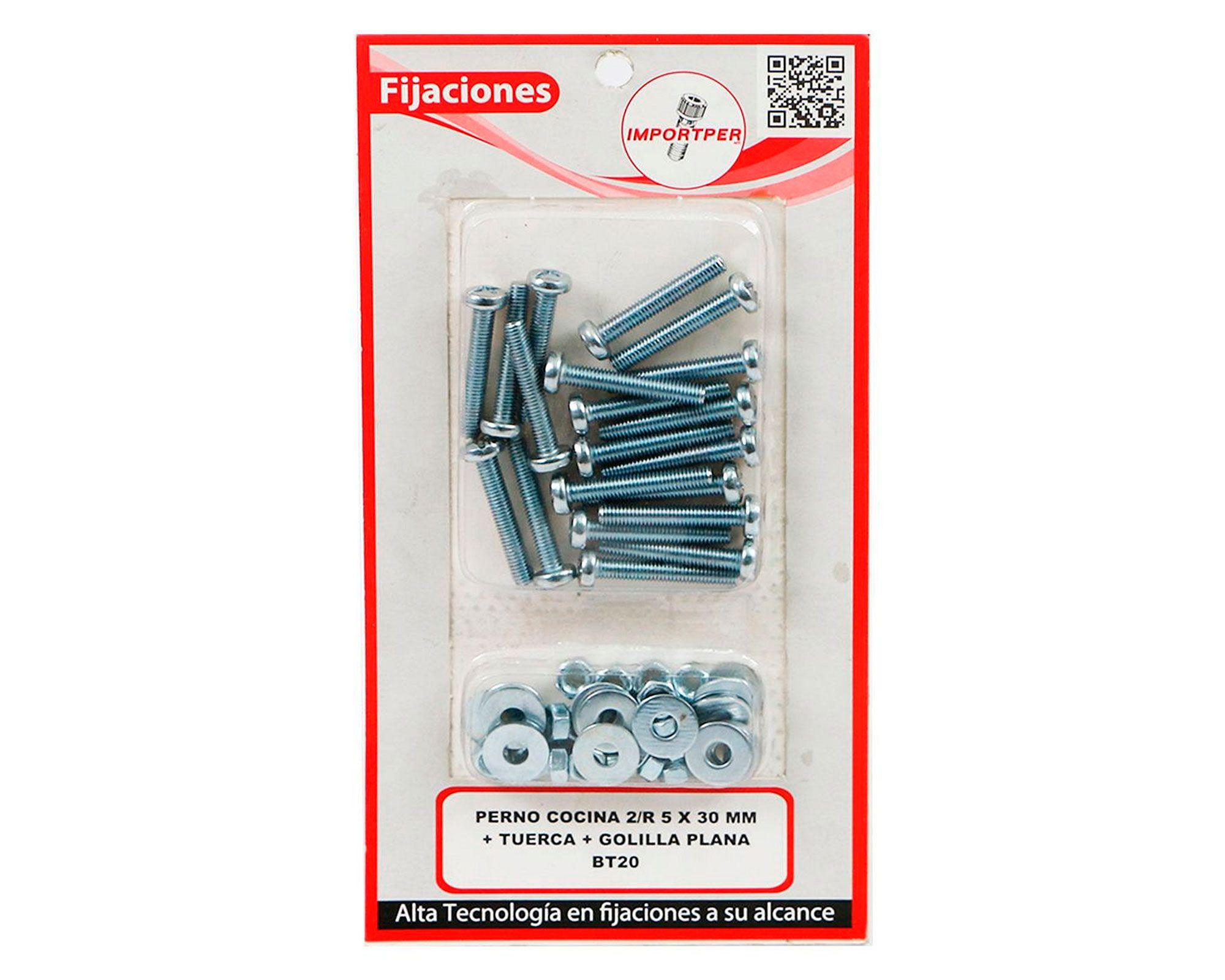 Perno cocina 2/R 5 x 30 mm + Tuerca + Golilla plana 20 unidades Imporper-0