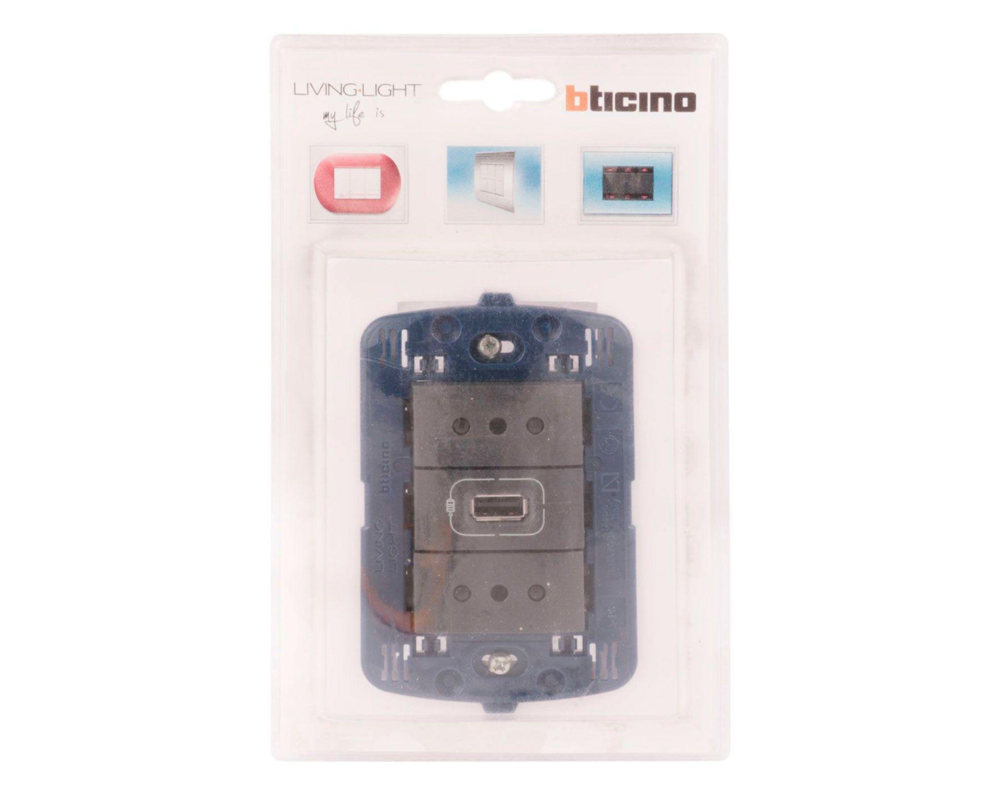 Placa semiarmada toma doble + USB antracita Bticino-2