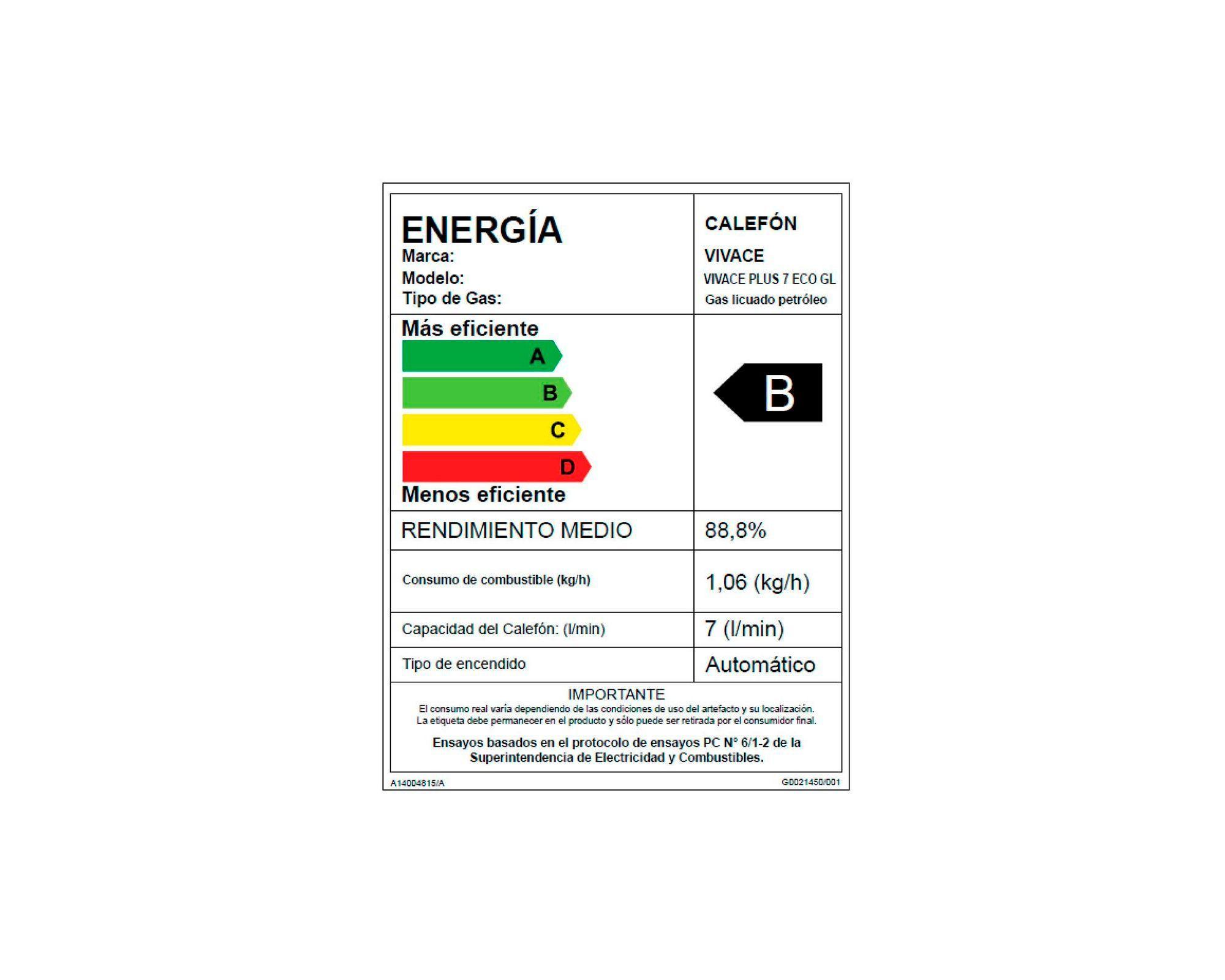 Calefont ionizado tiro natural 7 lt gas licuado Vivace ECO Mademsa-7