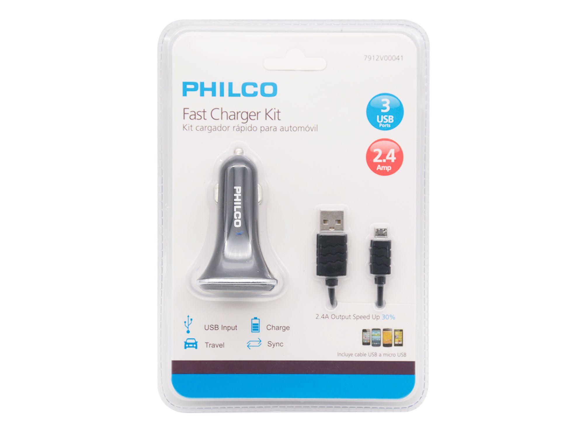 Cargador de auto USB 3 puertos + cable micro USB Philco-3