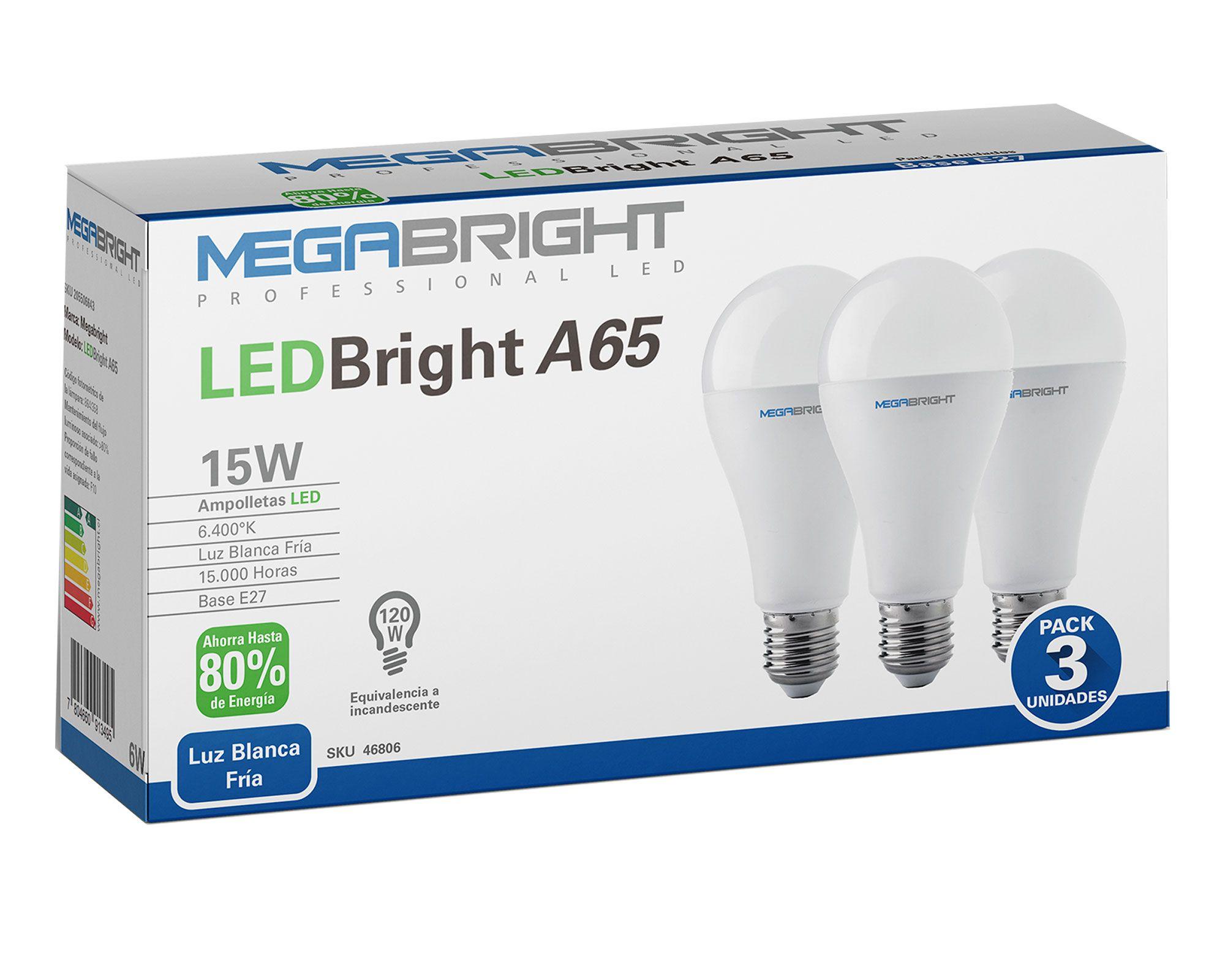Ampolleta bright LED 15W E27 luz fría A65 2 unidades Megabright.-4