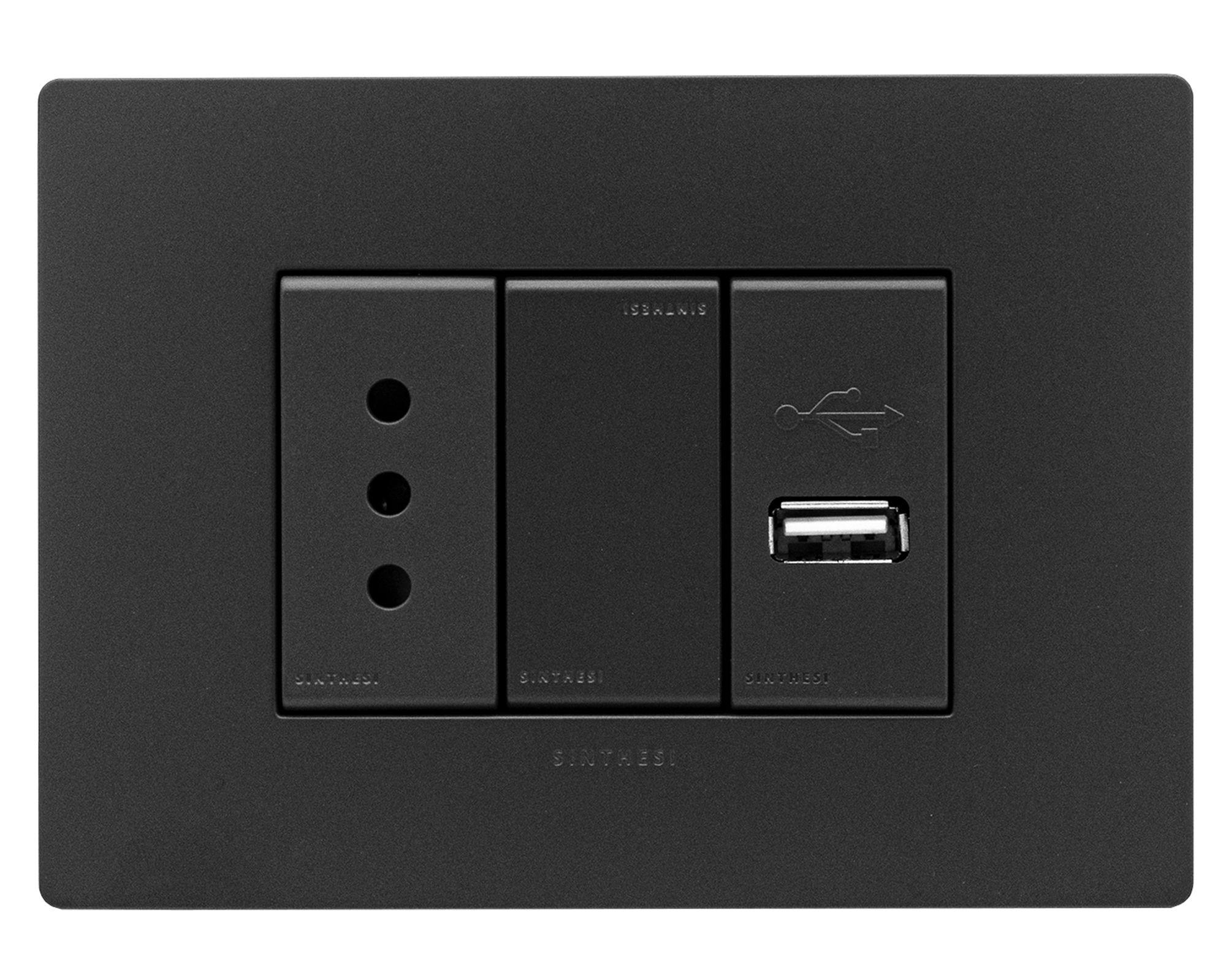 Placa armada toma corriente simple 10A + USB 1A S33 noir mate-0