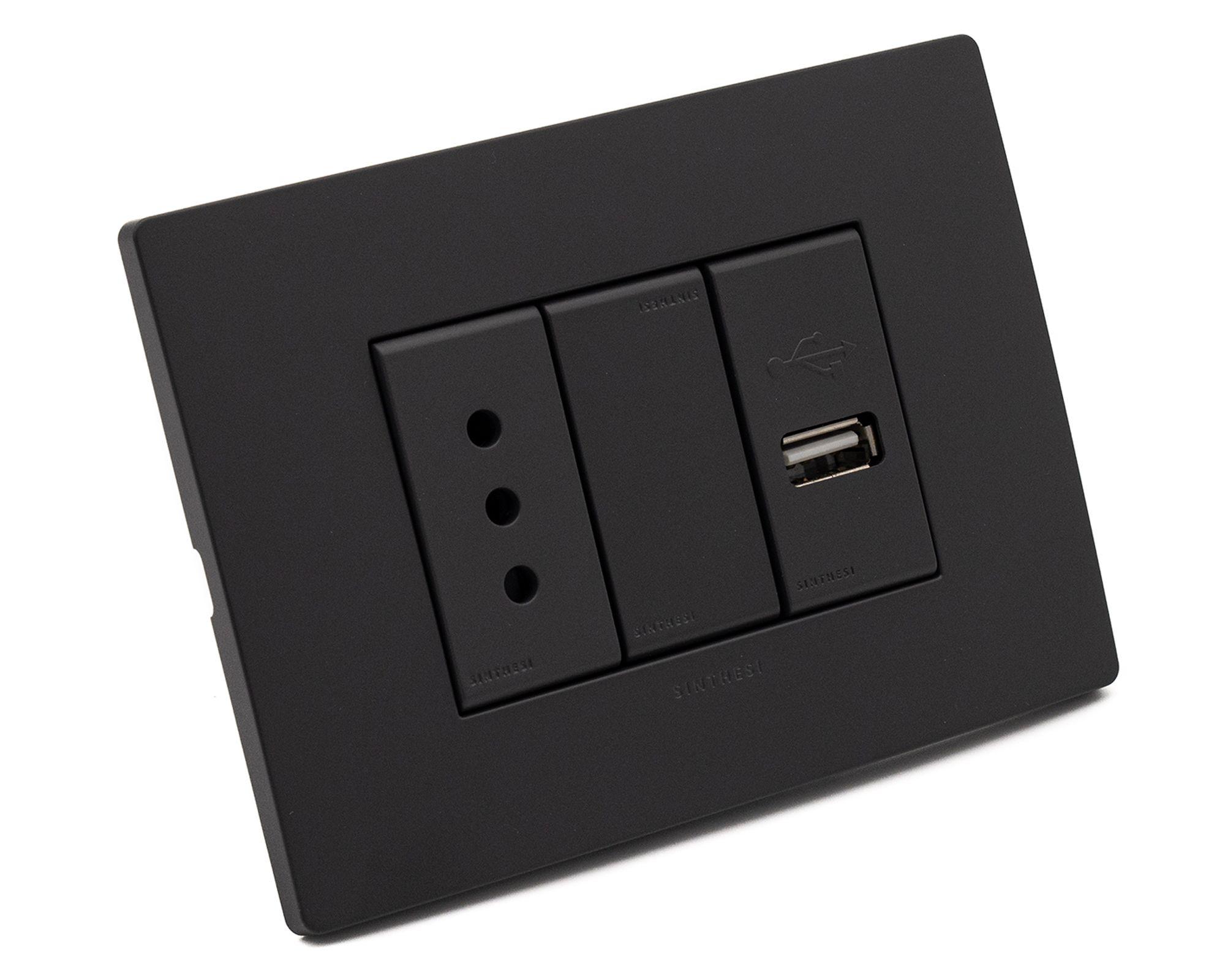 Placa armada toma corriente simple 10A + USB 1A S33 noir mate-1