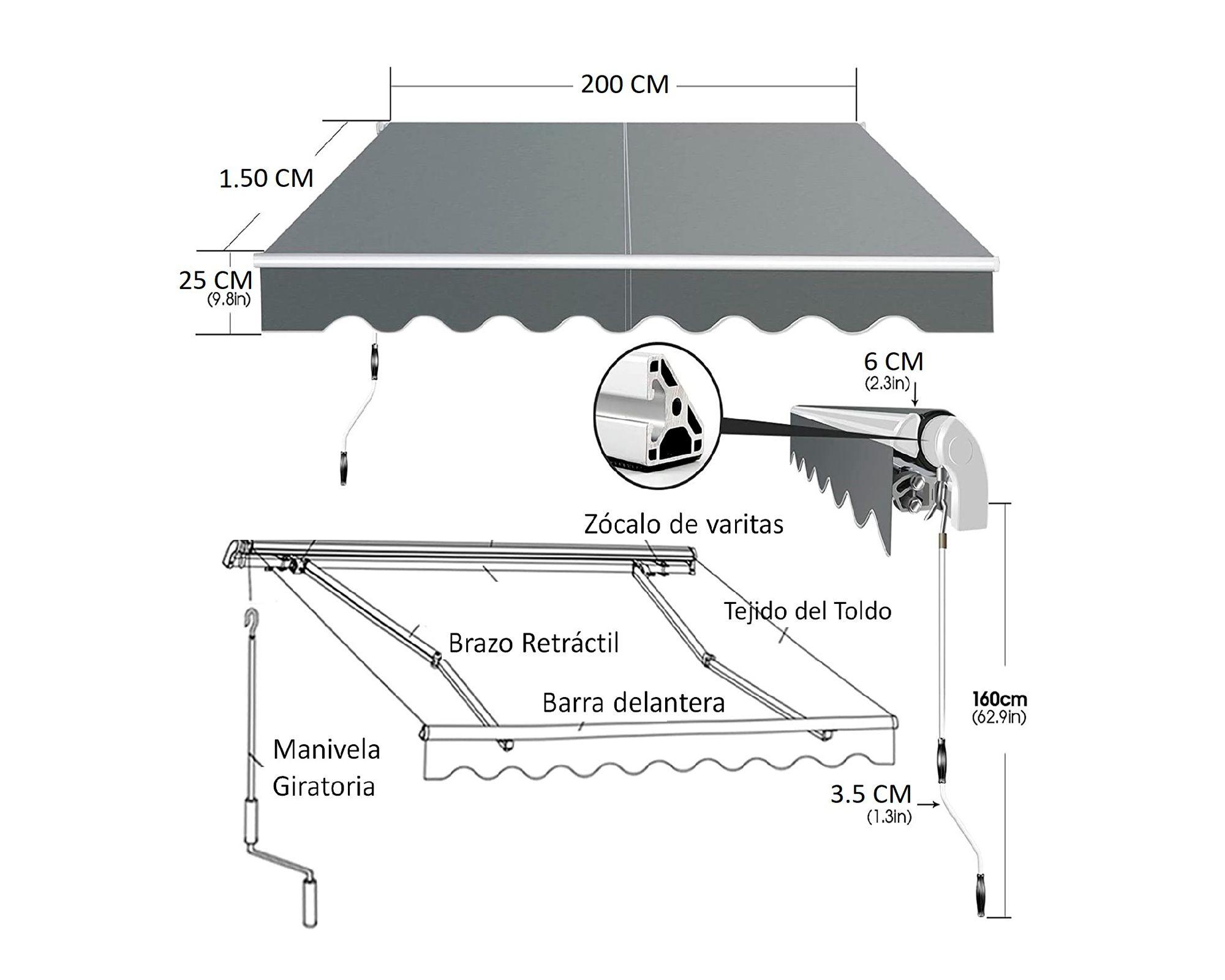 Toldo retráctil 2x1.5 m gris IGTBRT2-15GR-1