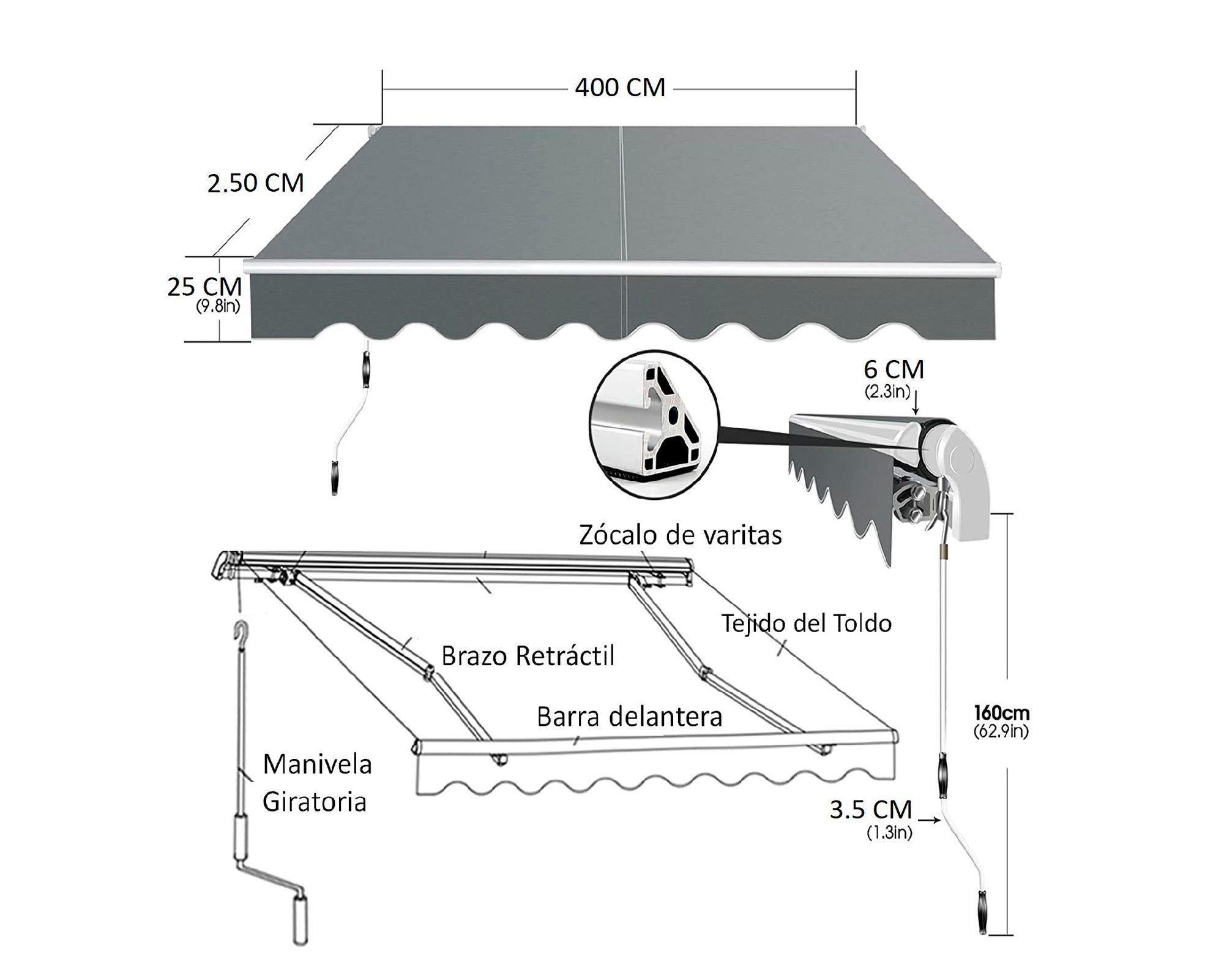Toldo retráctil 4x2.5 m gris IGTBRT4-25GR-1