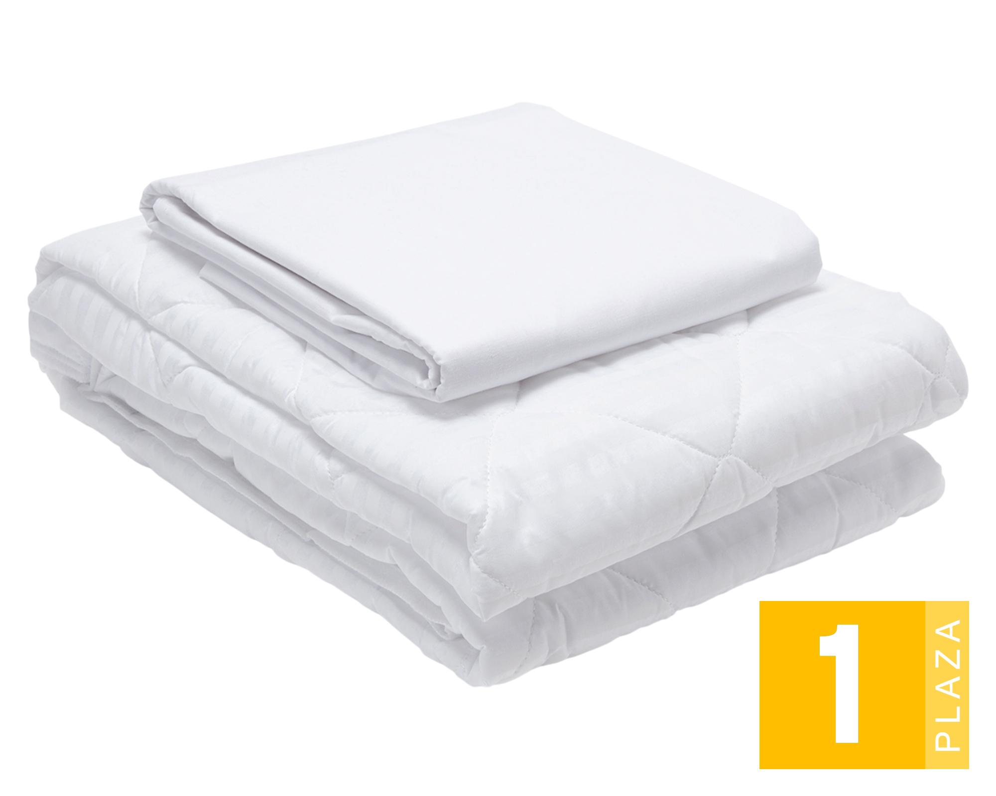 Juego de sábanas 1 plaza blanco + Cubre colchón blanco-0