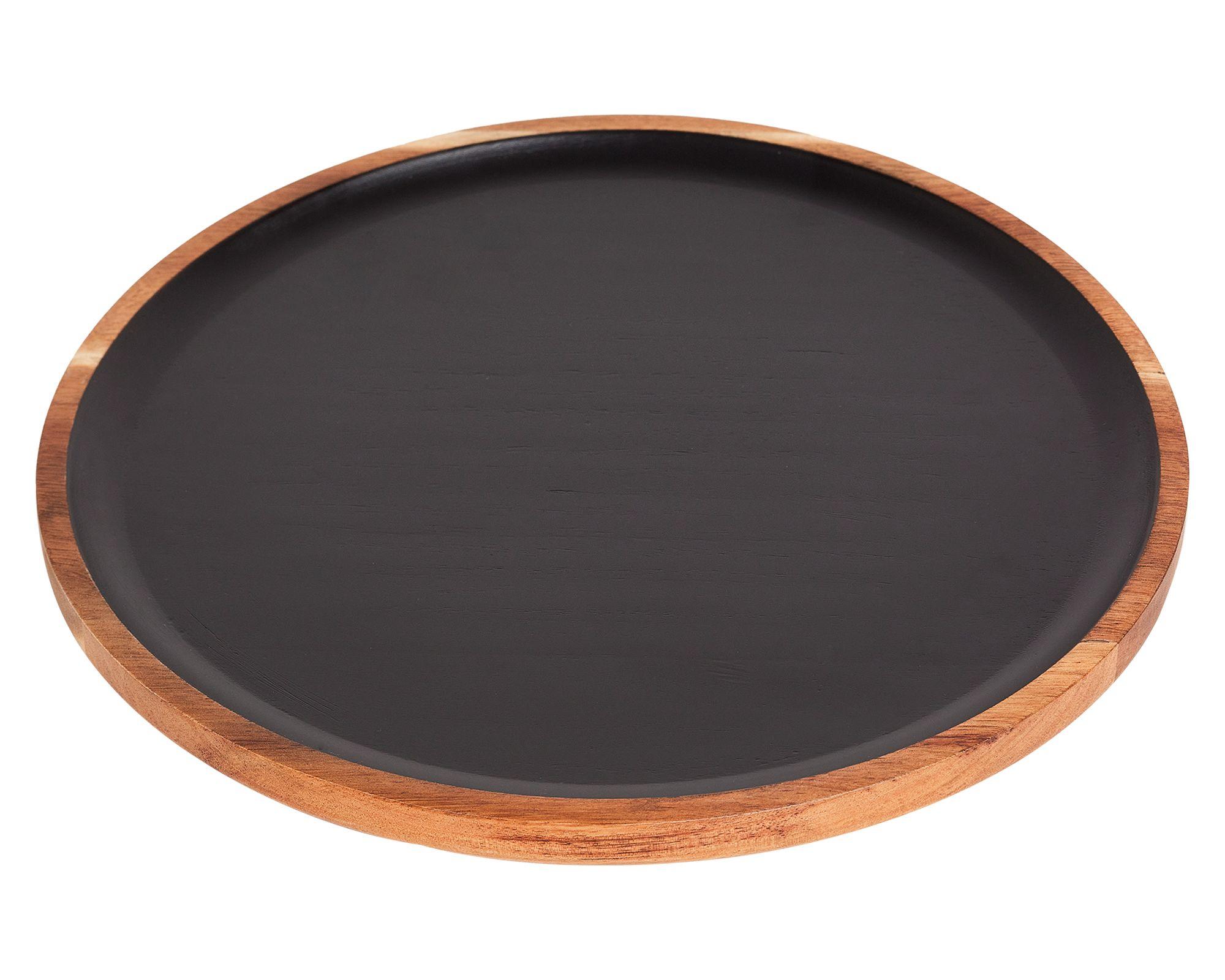 Plato para servir 35 cm Liso negro/madera-1