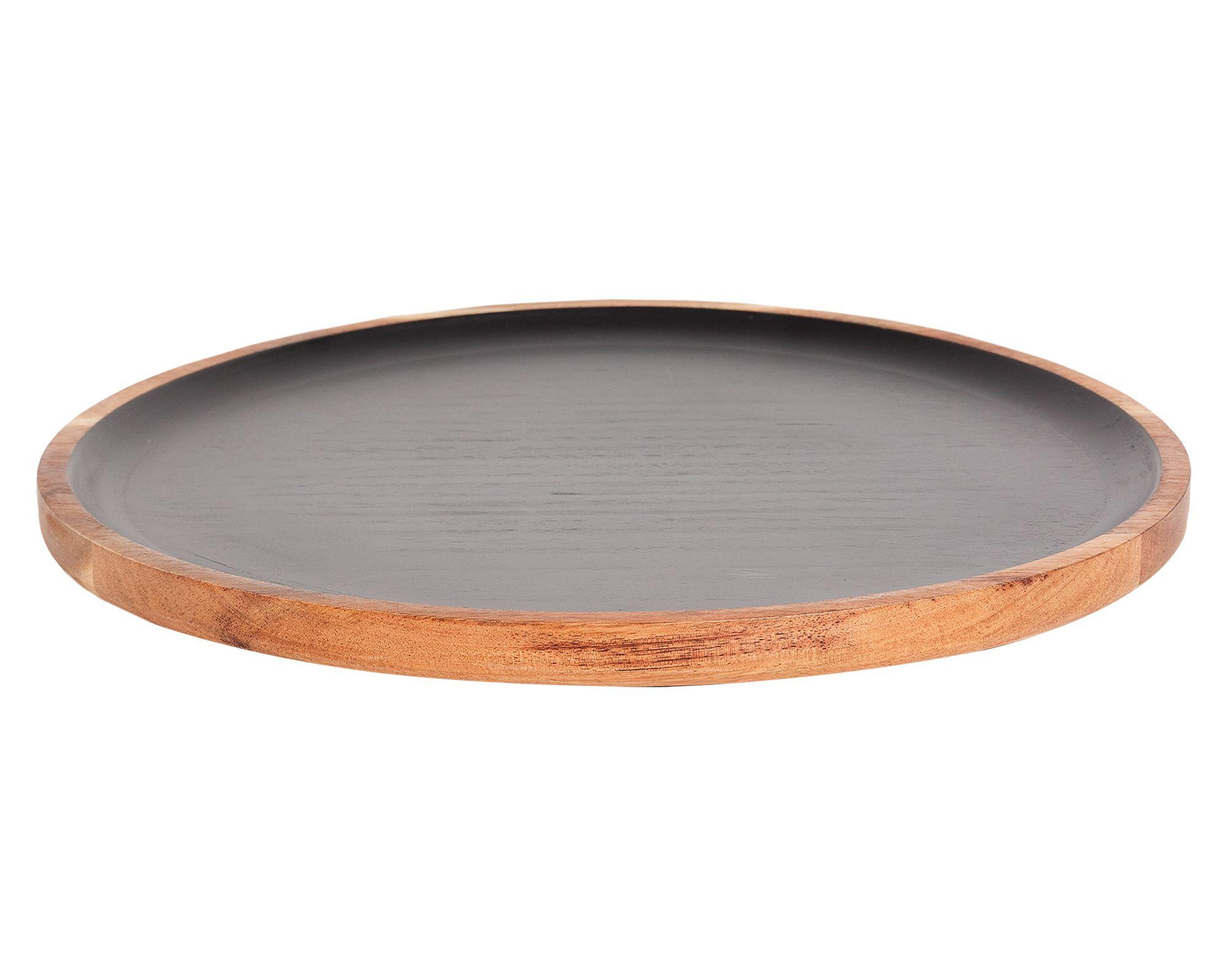 Plato para servir 35 cm Liso negro/madera-0