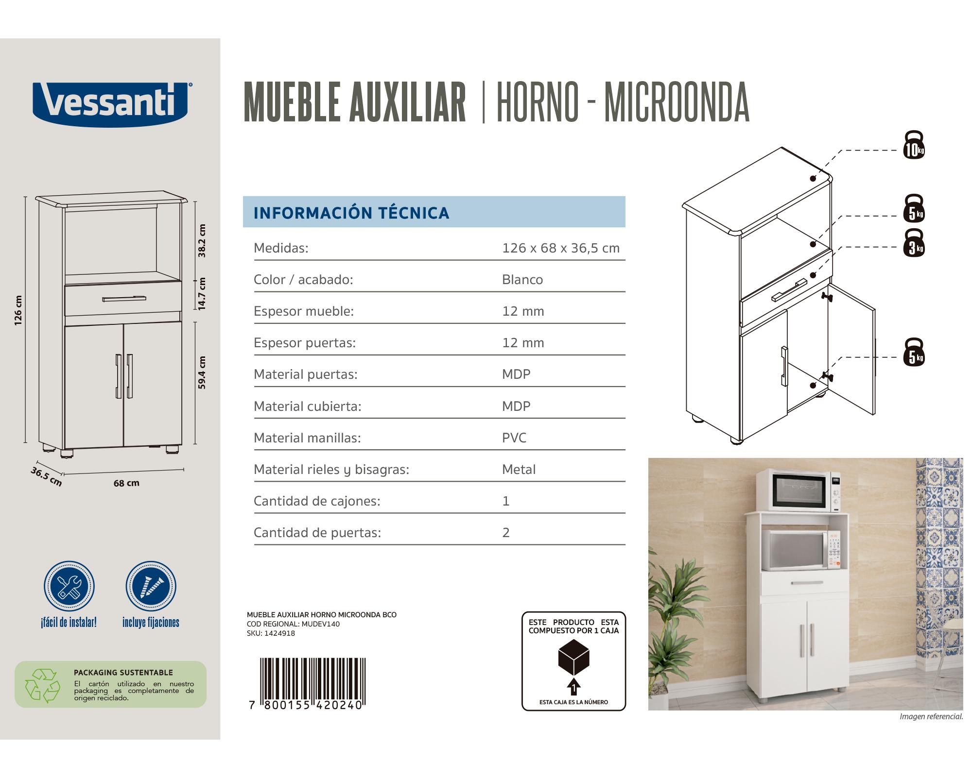 Mueble auxiliar horno-microondas 2 puertas 1 cajón blanco-3