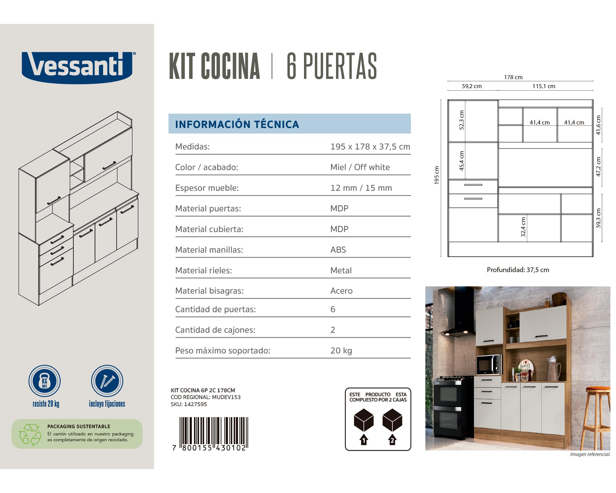 Kit Cocina 6 puertas 2 cajones miel/off white-5