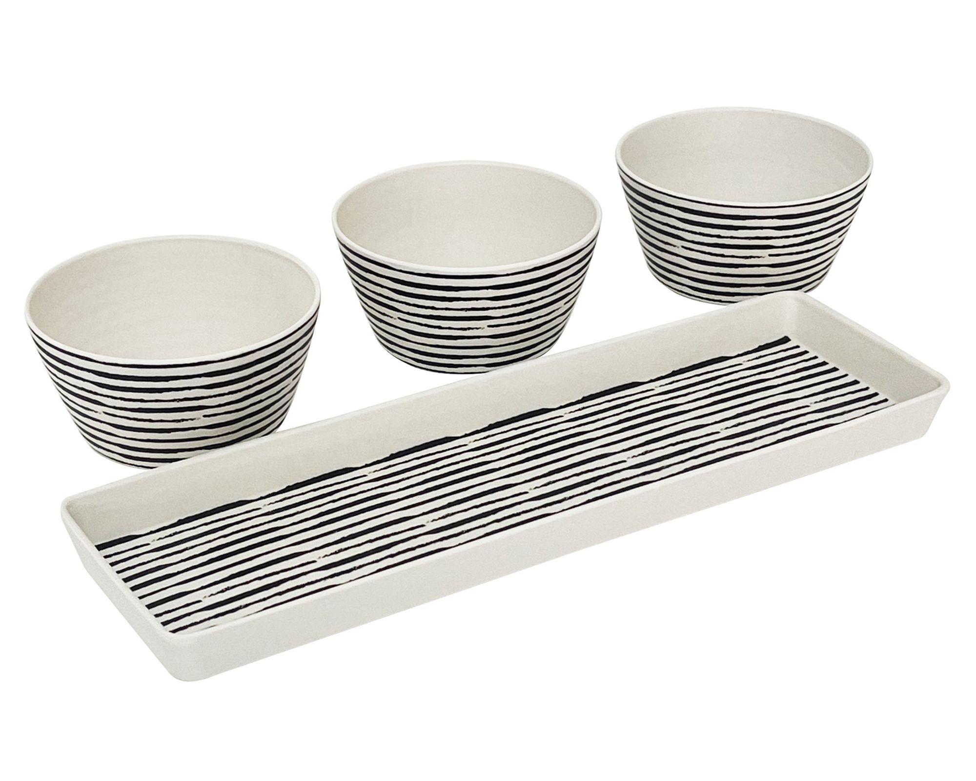 Set bandeja + 3 bowls Rayas blanco/negro-1