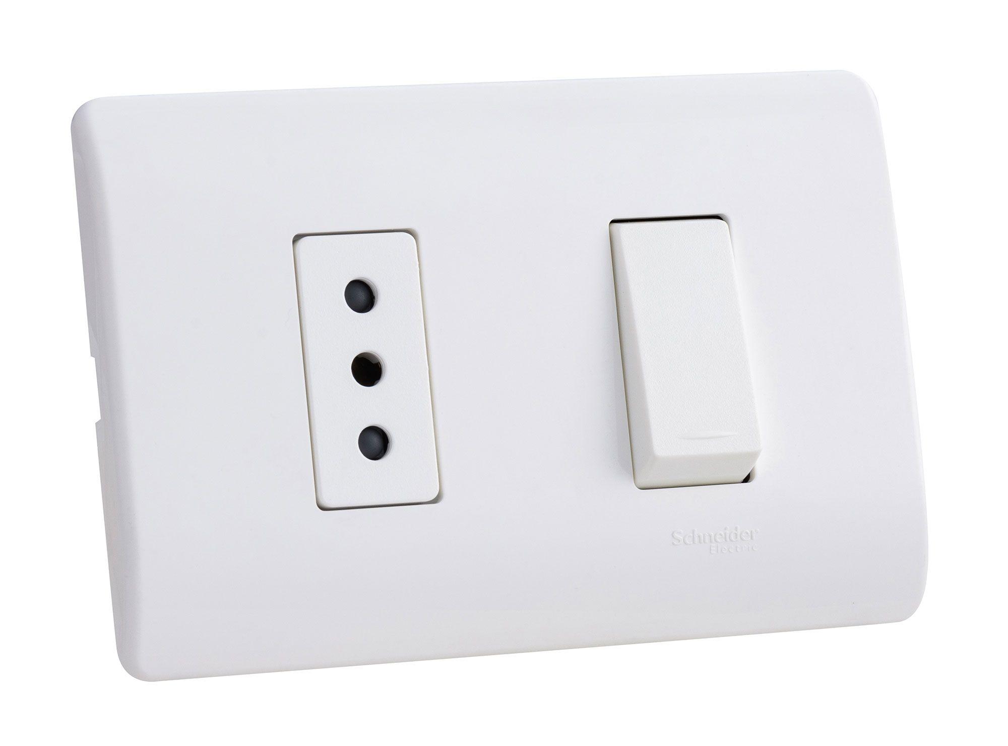 Placa armada interruptor 9/12 + tomacorriente 10A Génesis blanco Schneider-1