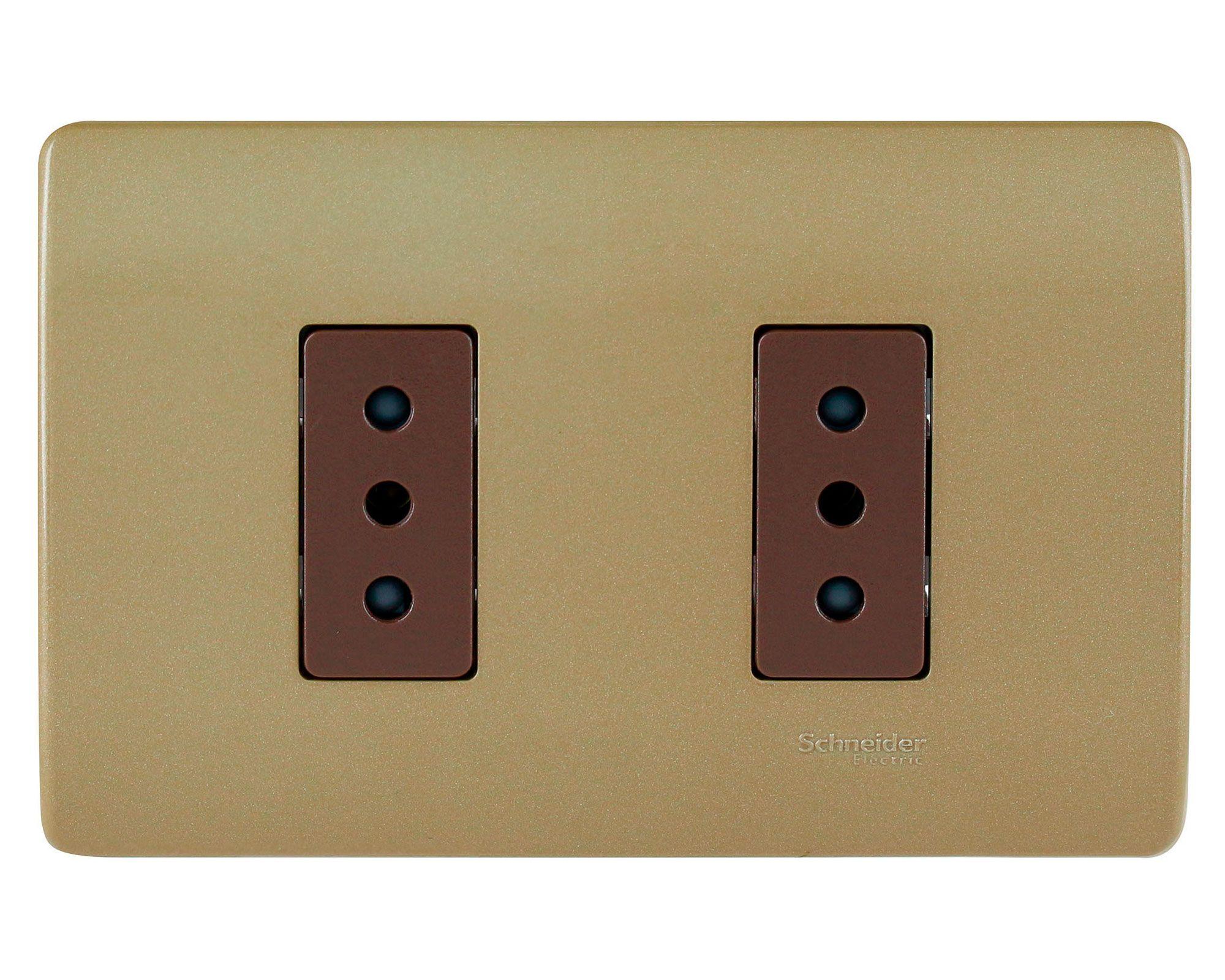 Placa armada tomacorriente doble 10A 2P+T Génesis dorado Schneider-0