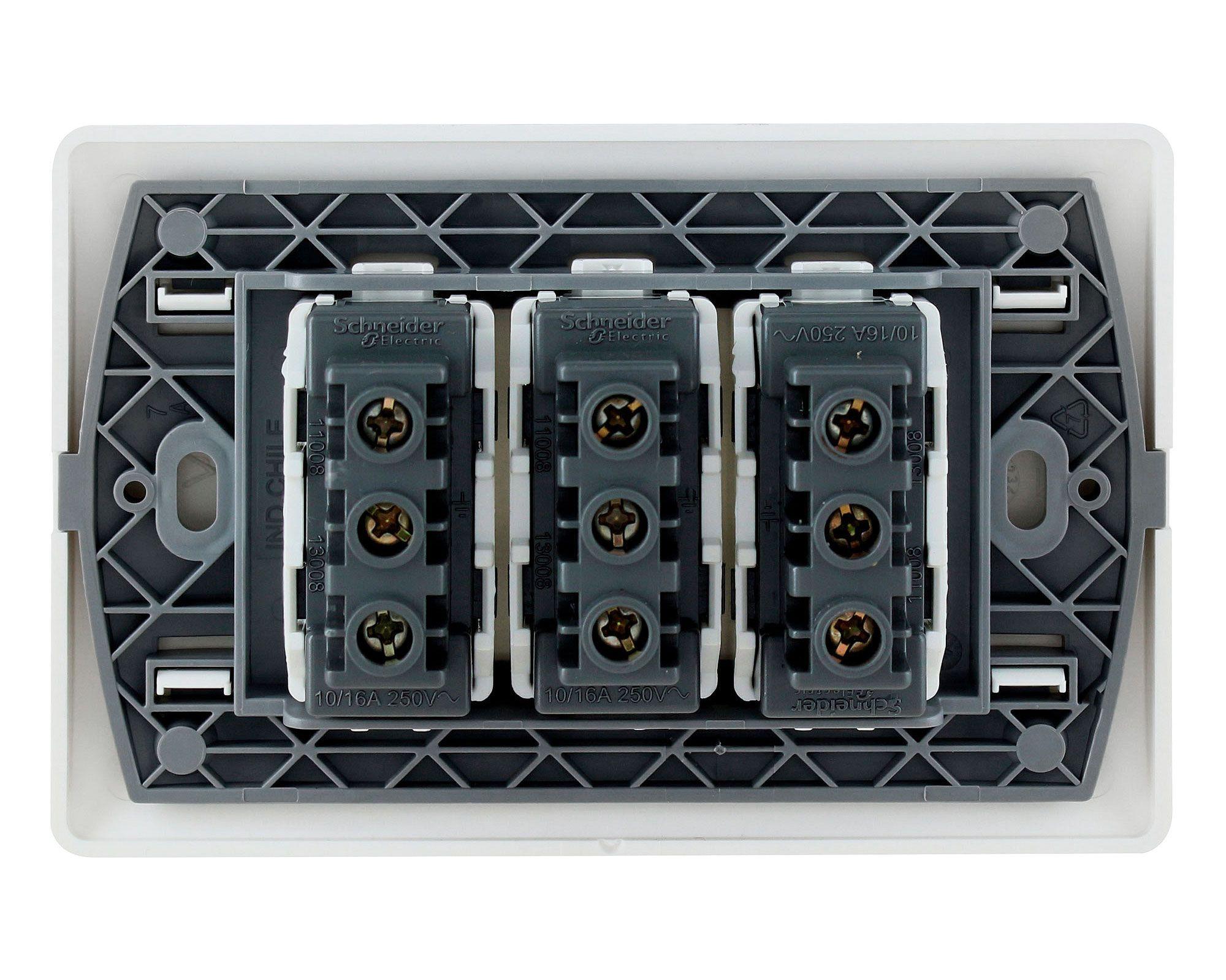 Placa armada tomacorriente triple 10A 2P+T Génesis blanco Schneider-2