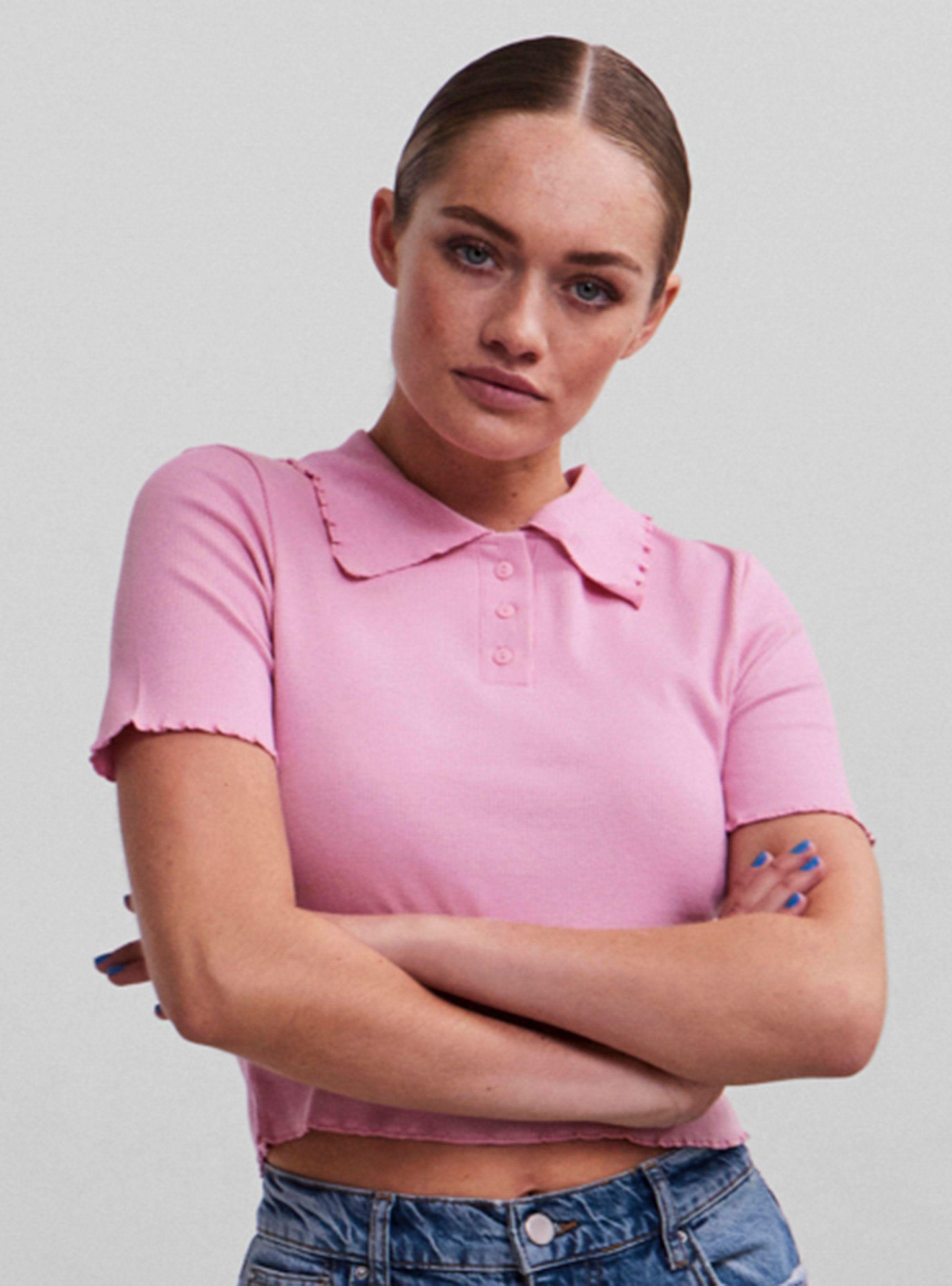 Top Manga Corta Liso con Cuello Camisa-0
