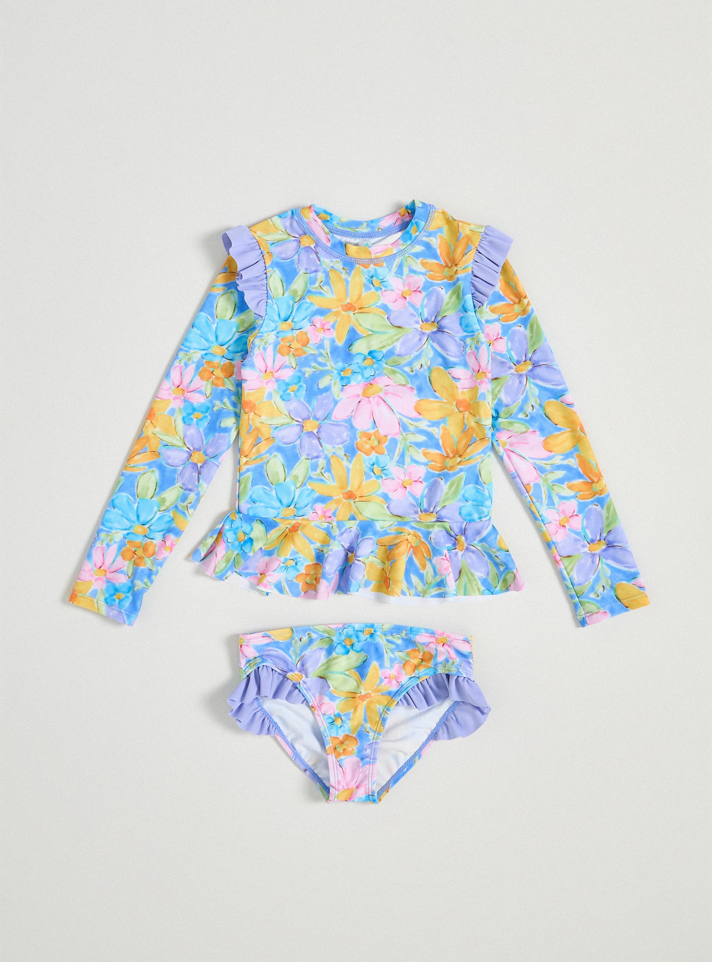 Traje de Baño Manga Larga con Flores y Vuelos-2