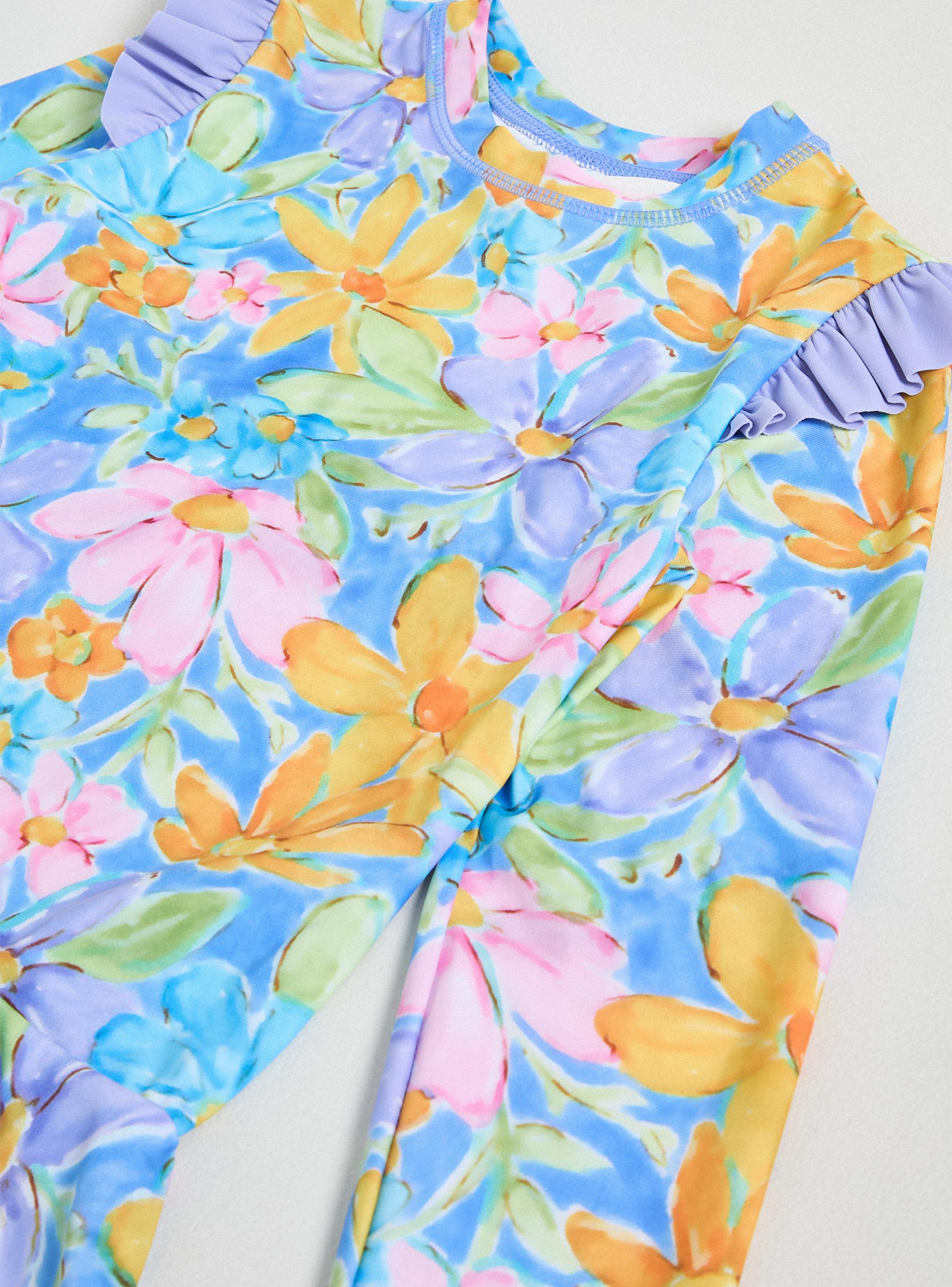 Traje de Baño Manga Larga con Flores y Vuelos-3