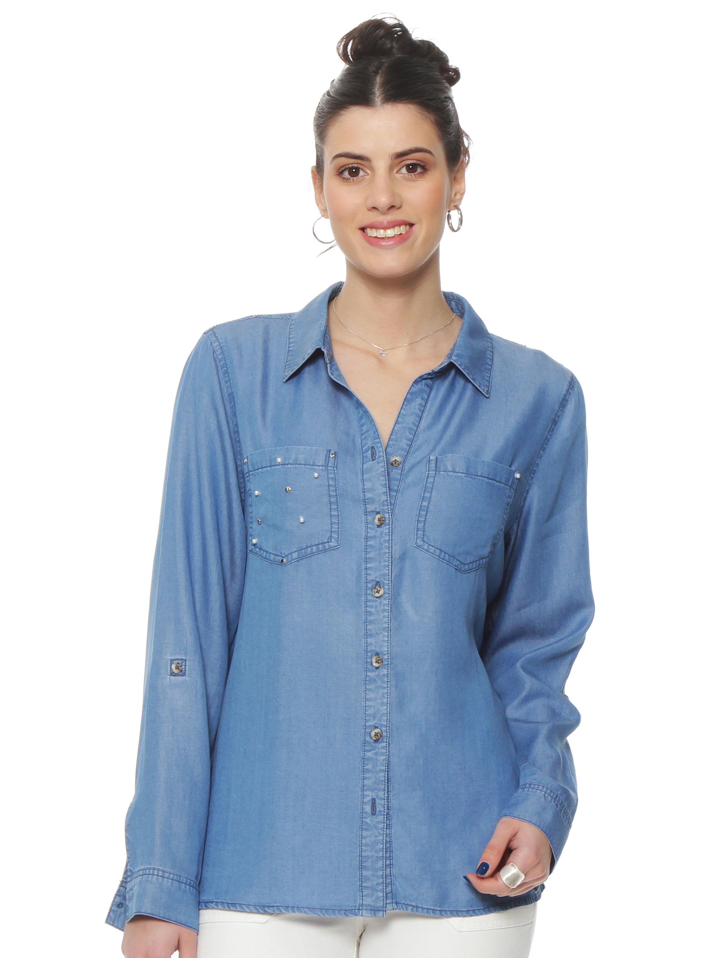 Blusa Denim Cuello Camisero Aplicación Tachas y Perlas-0
