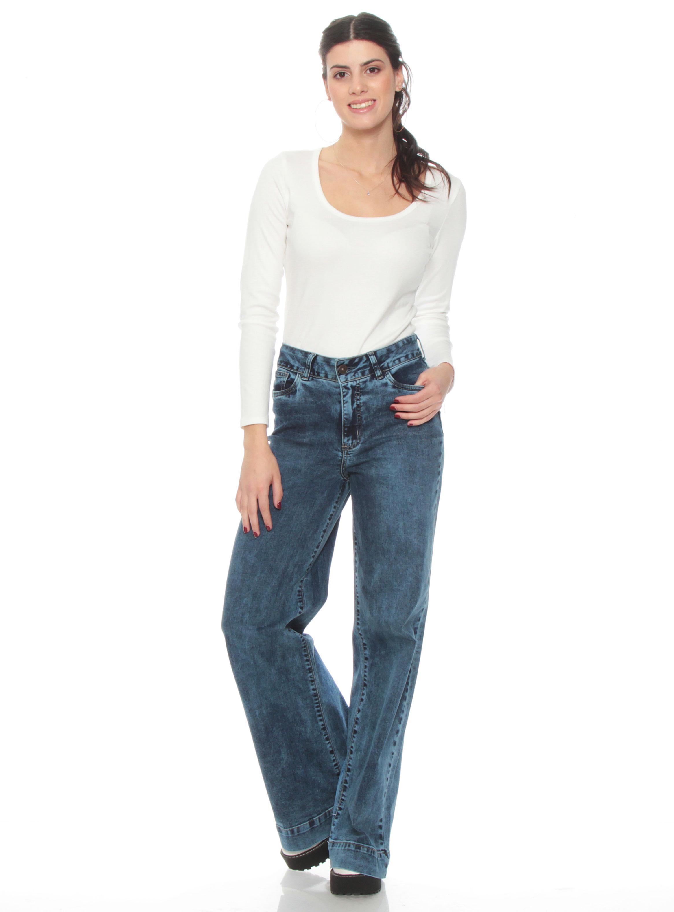 Jeans Wide Leg Tiro Alto Pretina Básica 1 Botón Push Up-3