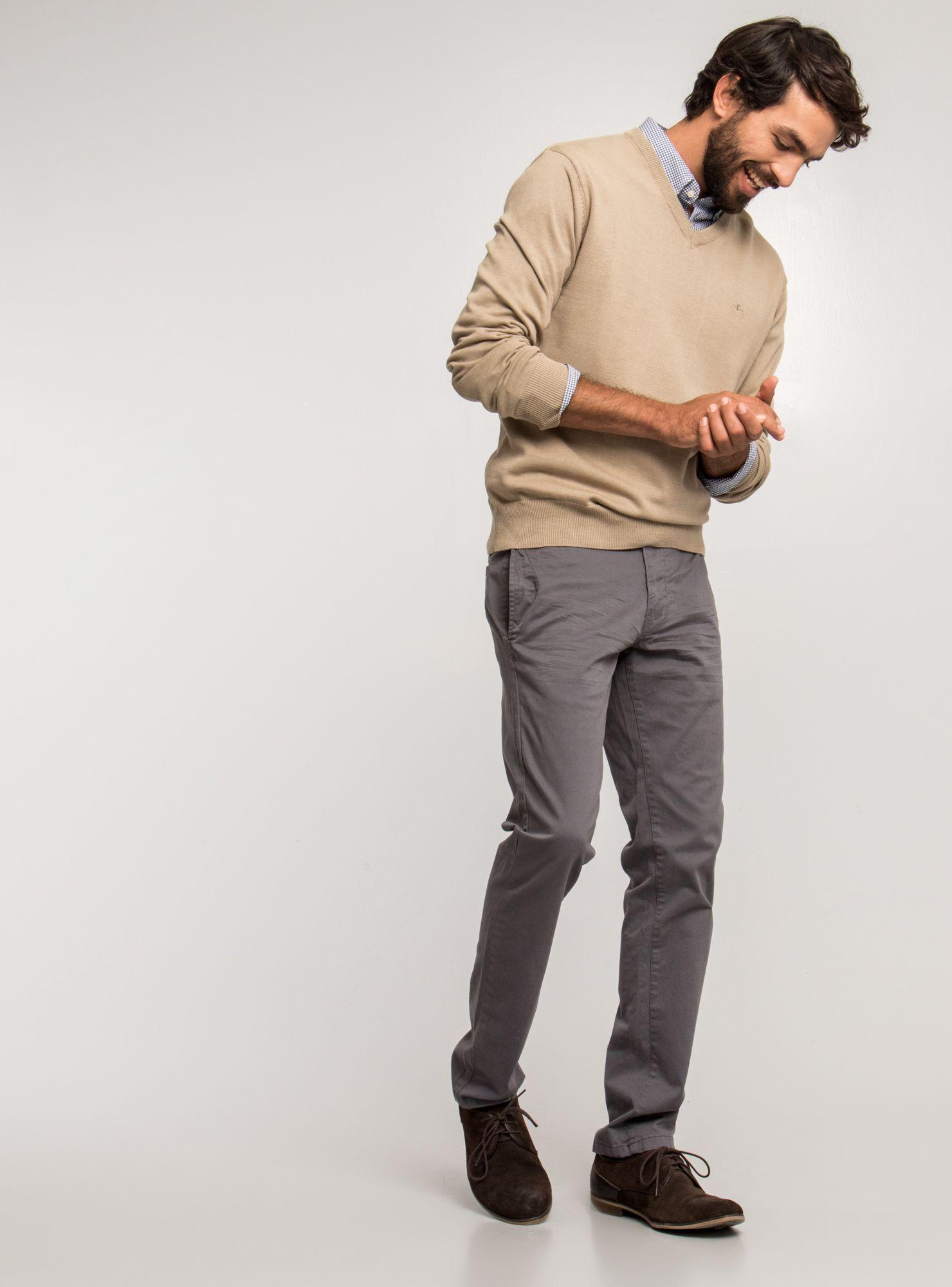 Sweater Beige Color Liso Cuello V-3