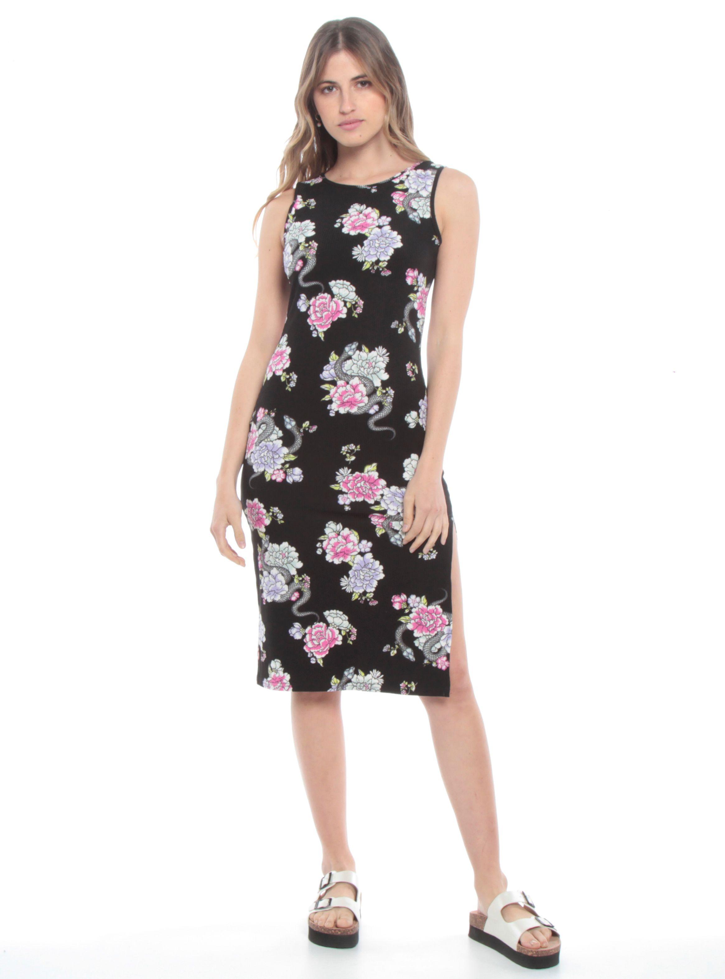Vestido Negro Ajustado Estampado Largo H-0