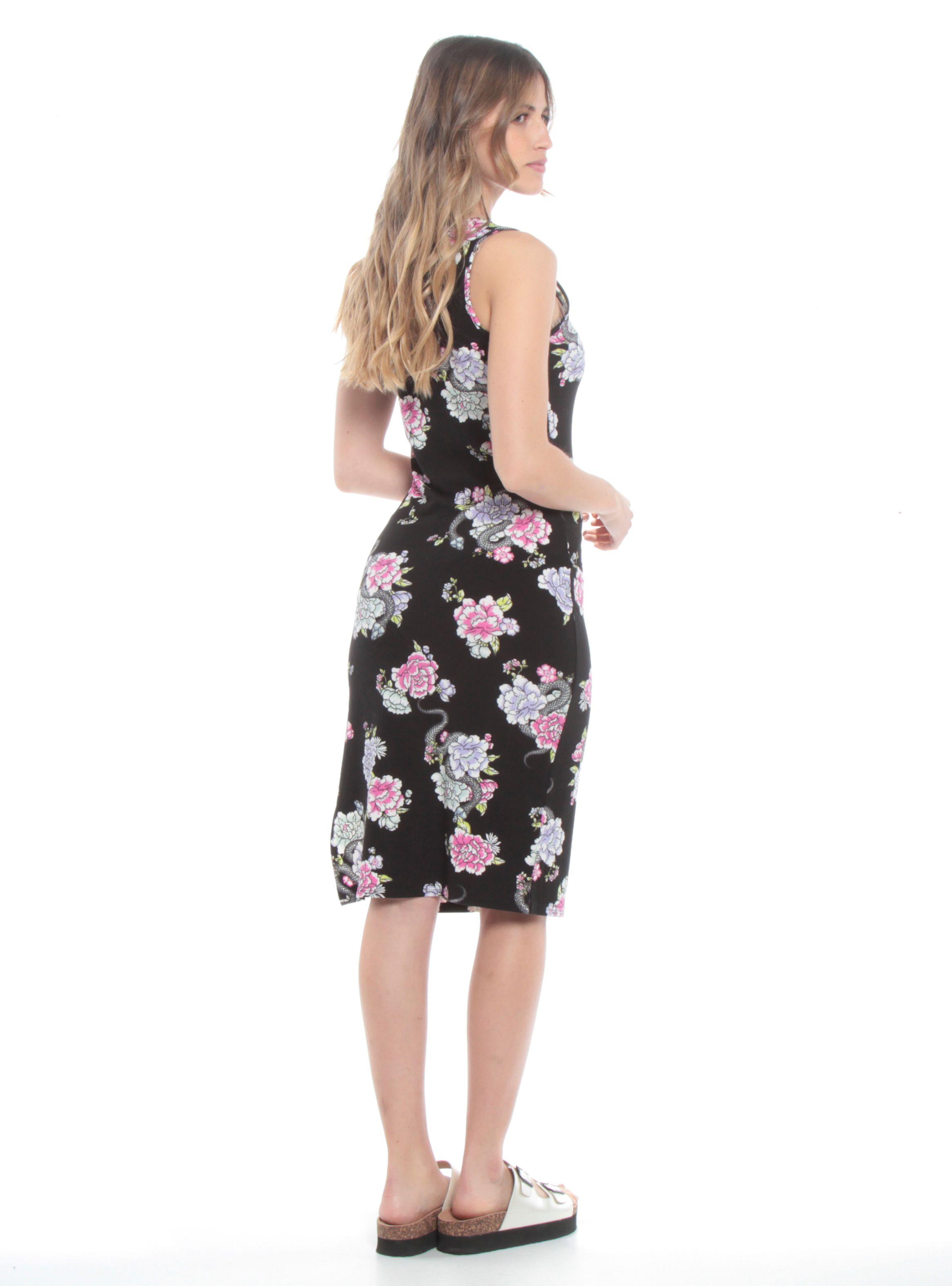 Vestido Negro Ajustado Estampado Largo H-1