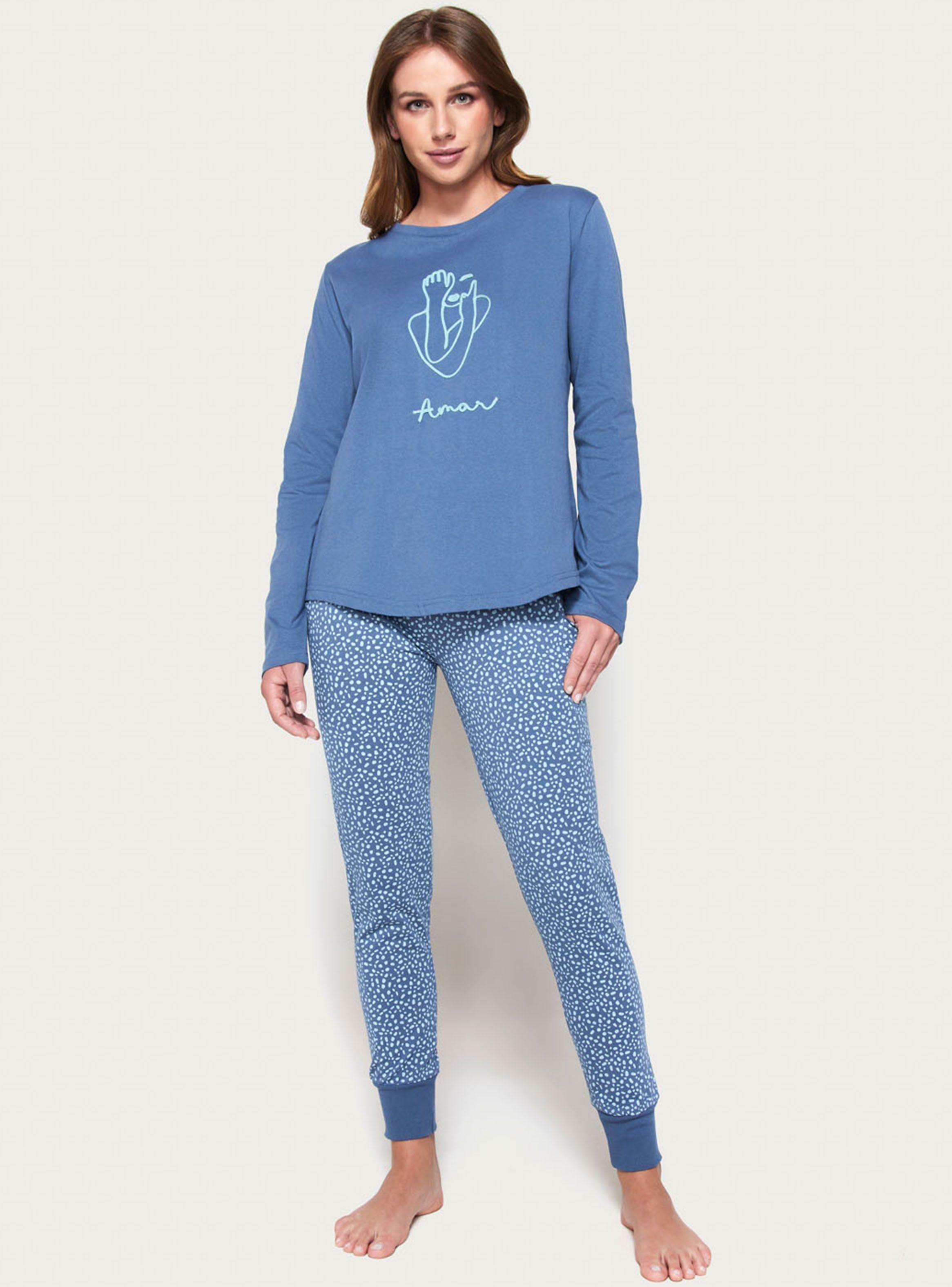 Pijama Largo Algodón Jersey Azul-0