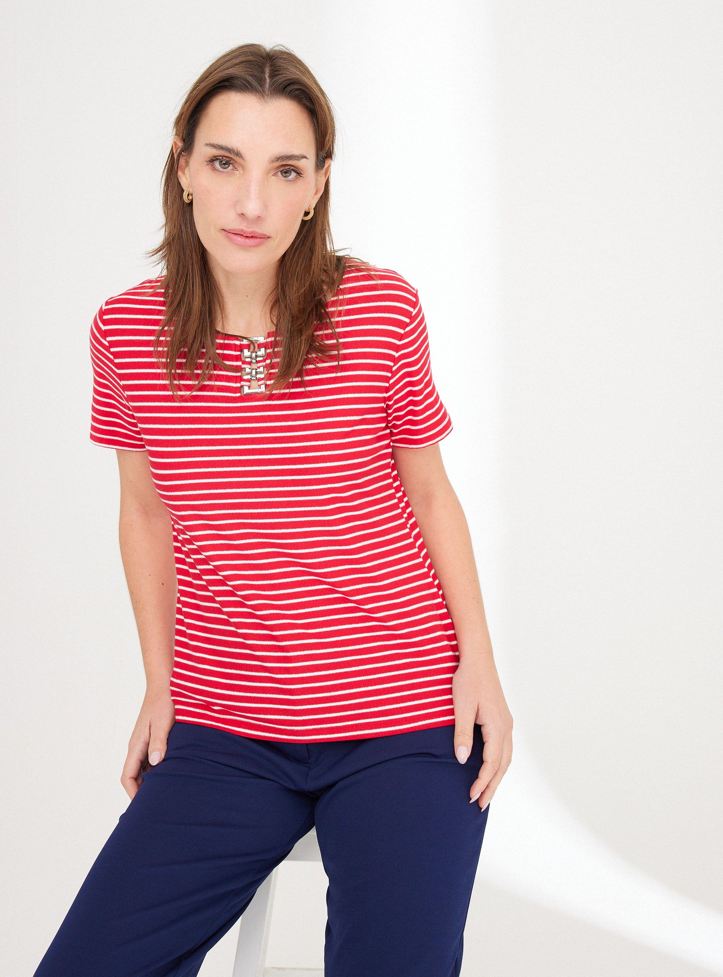 Polera Rayada con Hebillas Metálicas en Escote-0