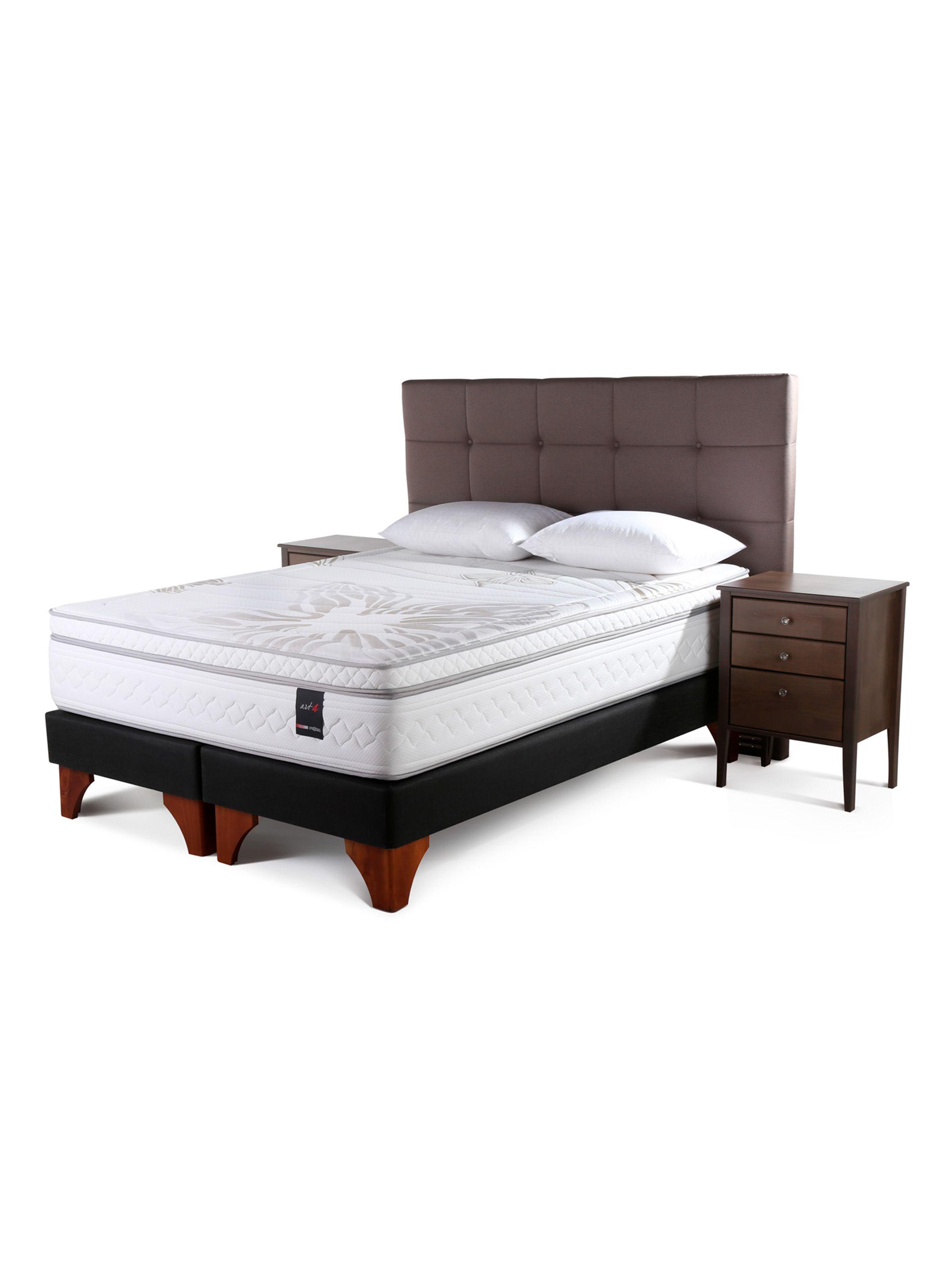 Cama Europea Art 4 2 Plazas Long Base Dividida + Set Muebles Issey Café + Almohadas-0