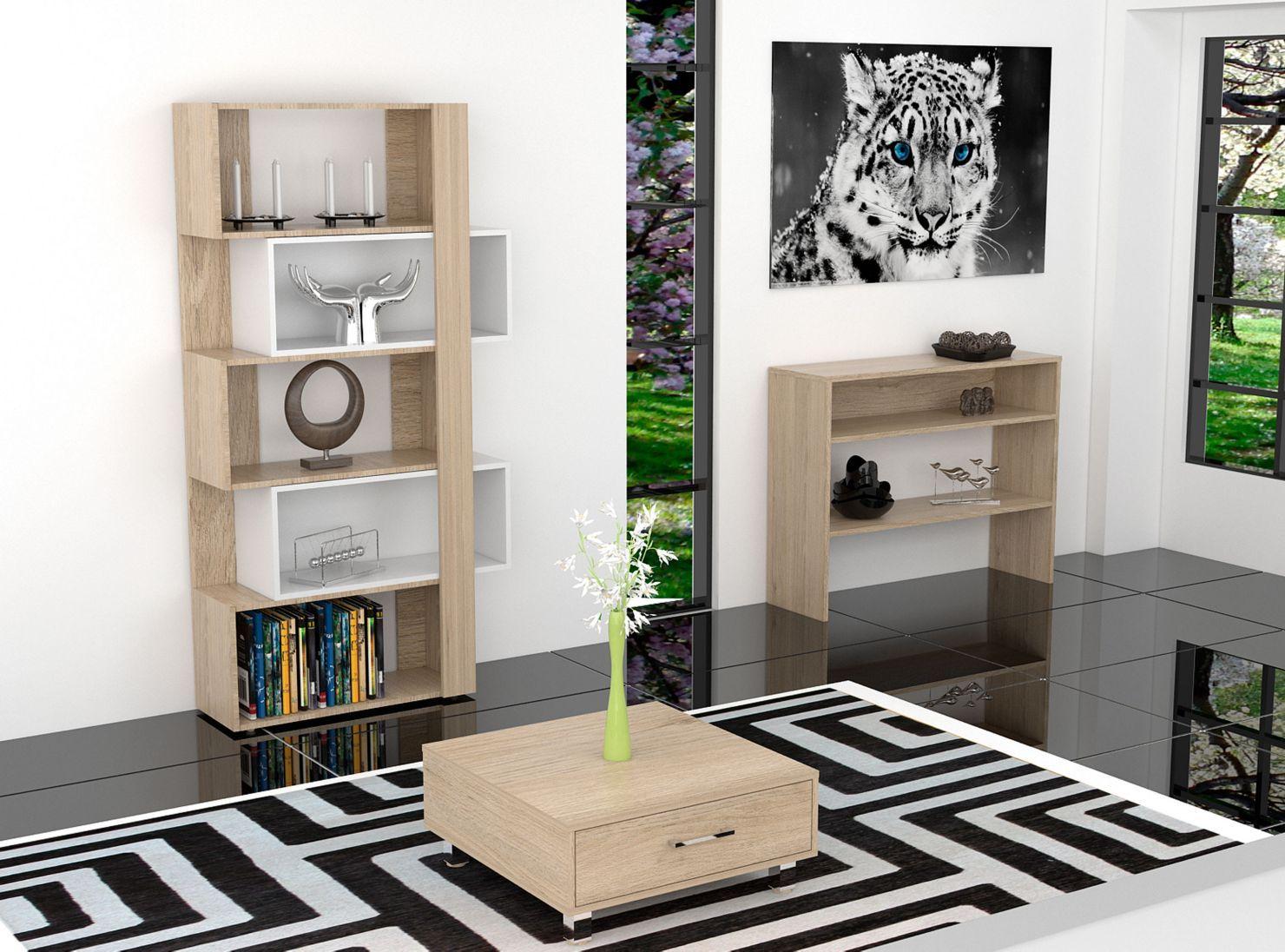 Combo Living Beijing Rovere Biblioteca Cubo + Arrimo + Mesa de Centro TuHome-4