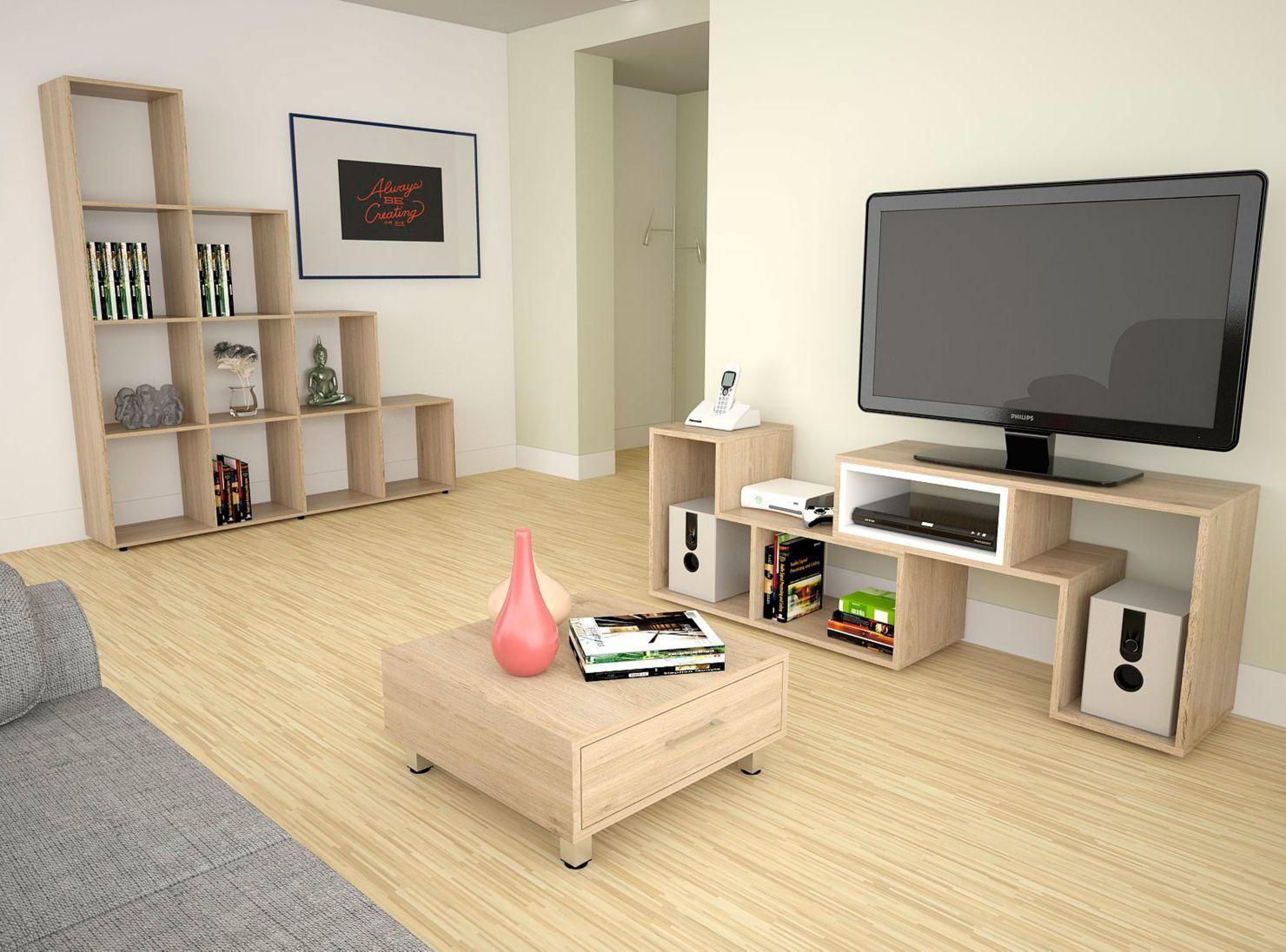 Combo Living Beijing Rovere Rack Extensible TV 40'' + Biblioteca Escalera + Mesa de Centro-7