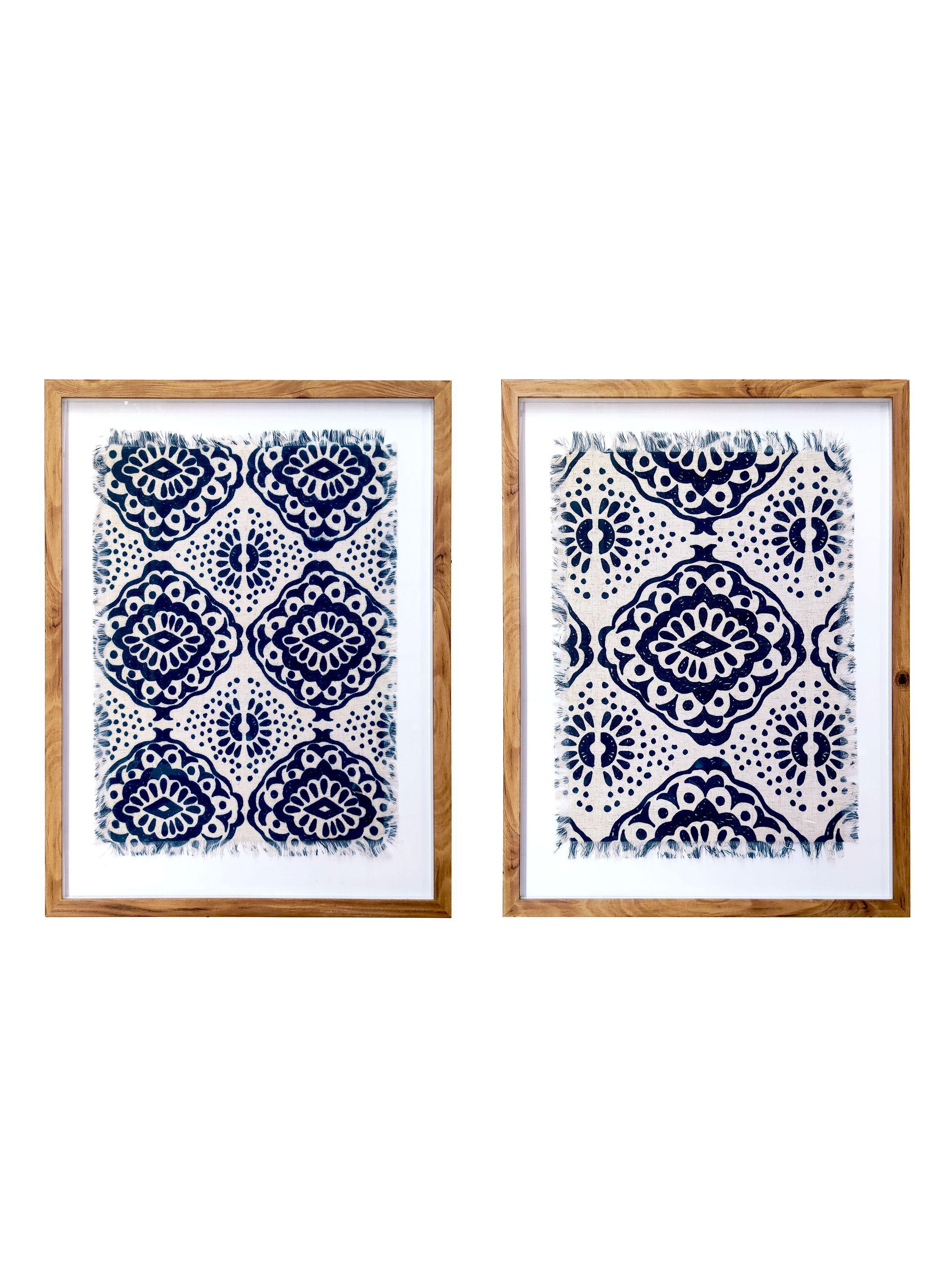 Cuadro Con Vidrio 74.5 x 59.5 cm Tela Azul Estampada-0