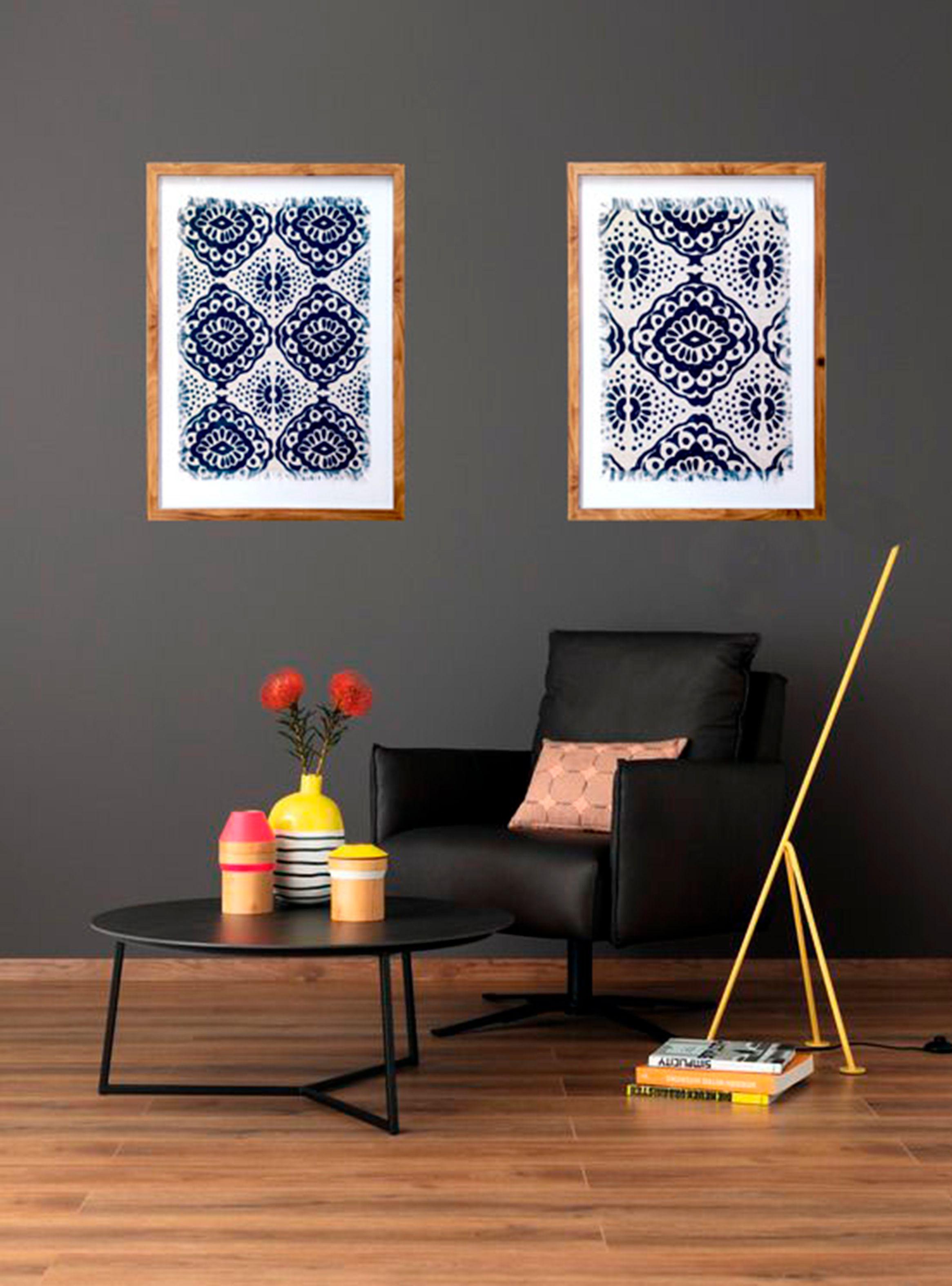 Cuadro Con Vidrio 74.5 x 59.5 cm Tela Azul Estampada-3