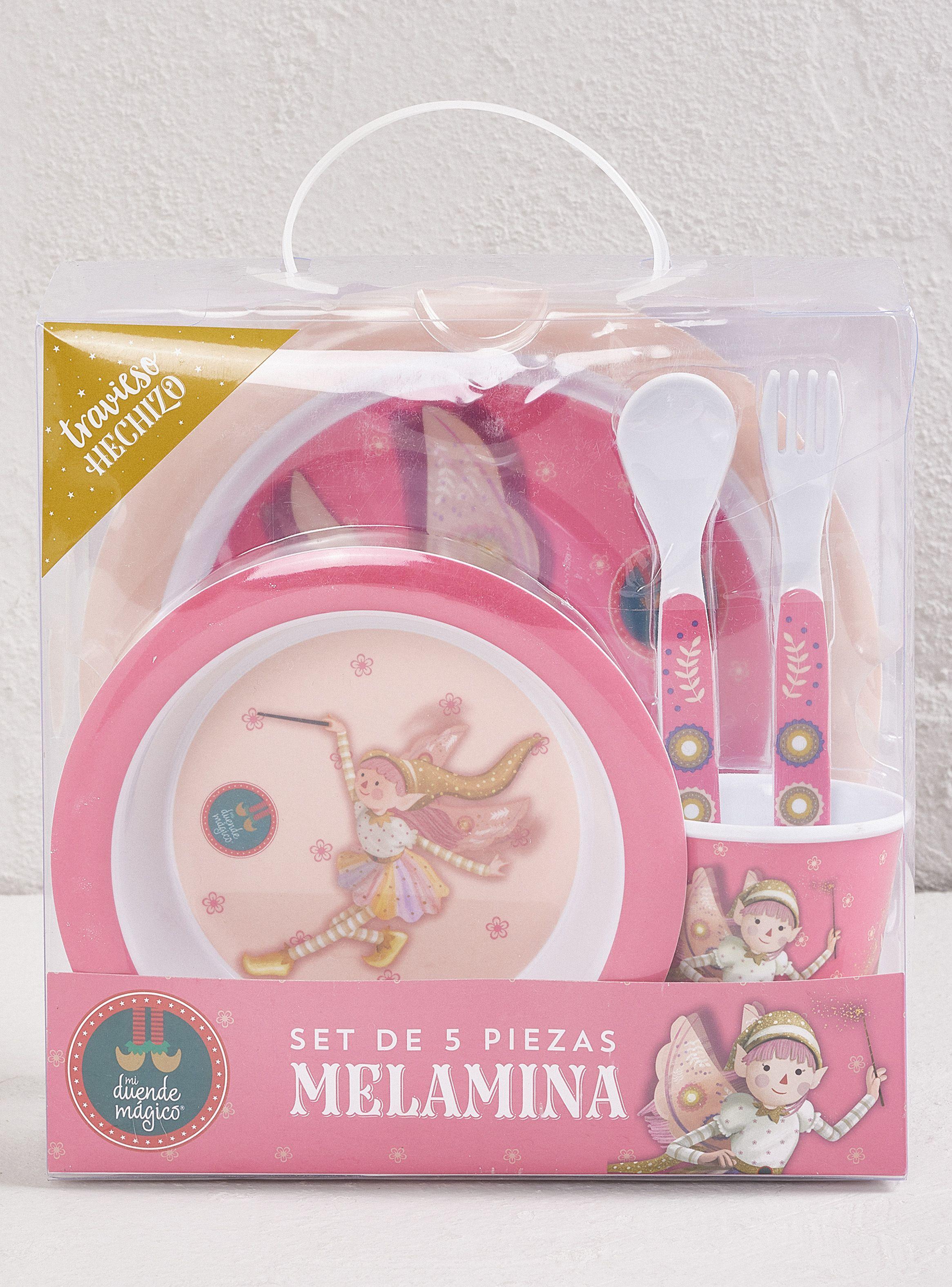 Set Platos + Cubiertos + Vaso Rosado-2