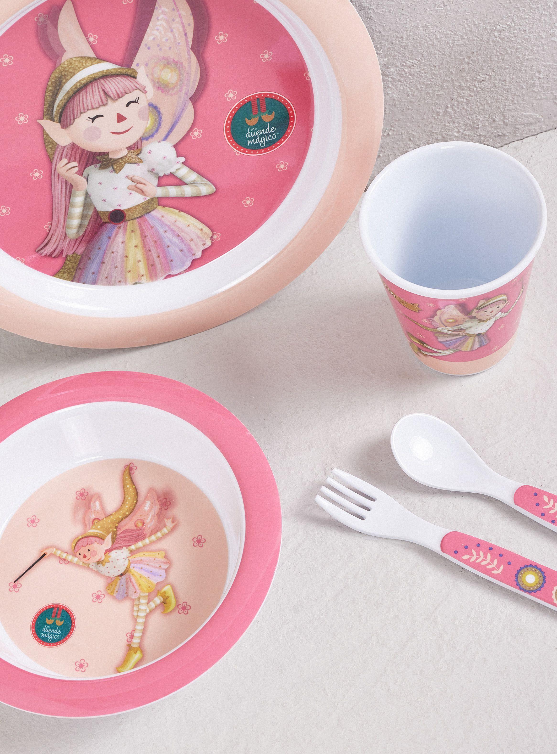 Set Platos + Cubiertos + Vaso Rosado-1