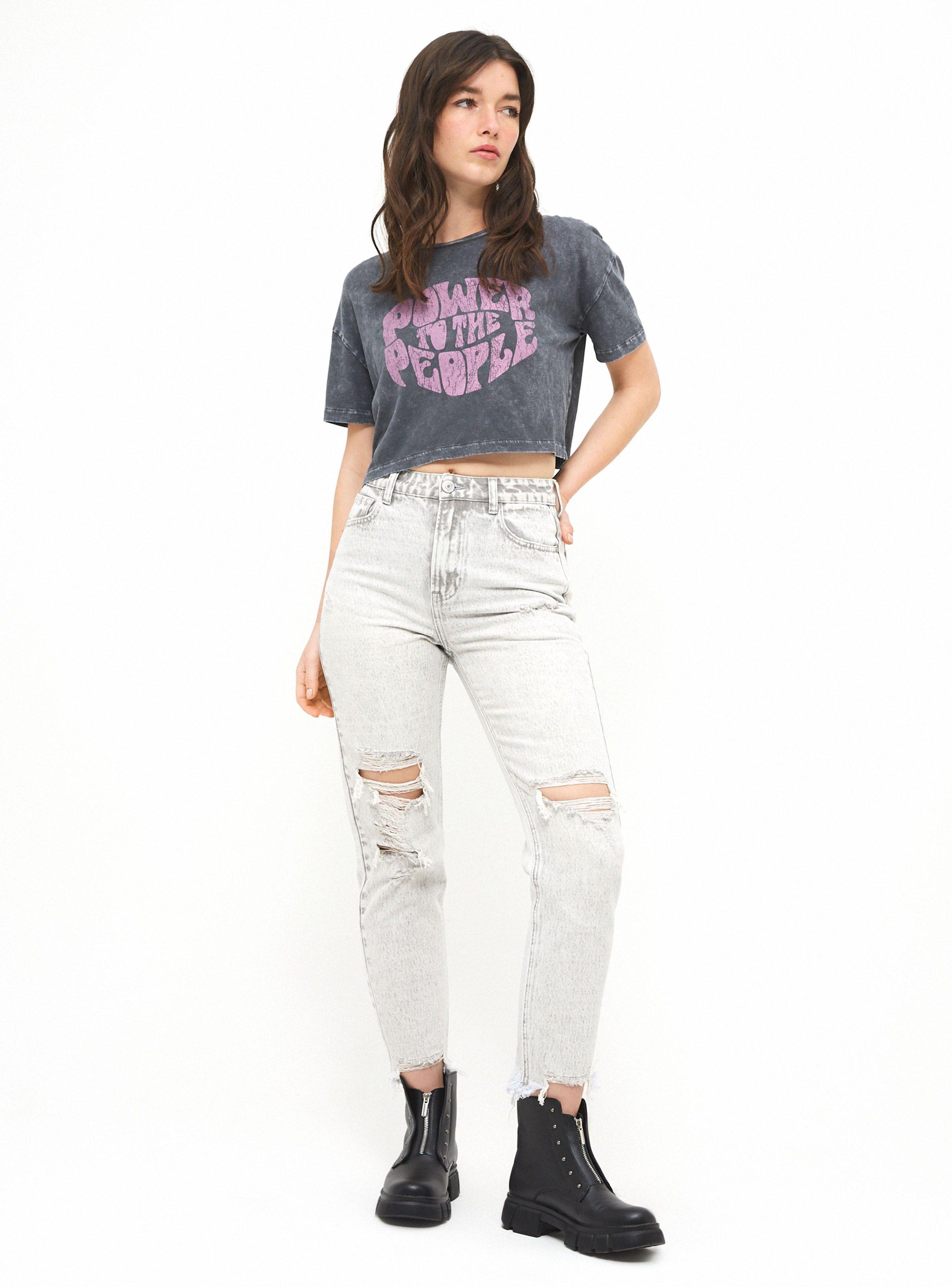 Polera Lavada Estampado Frontal Cuello Redondo-3