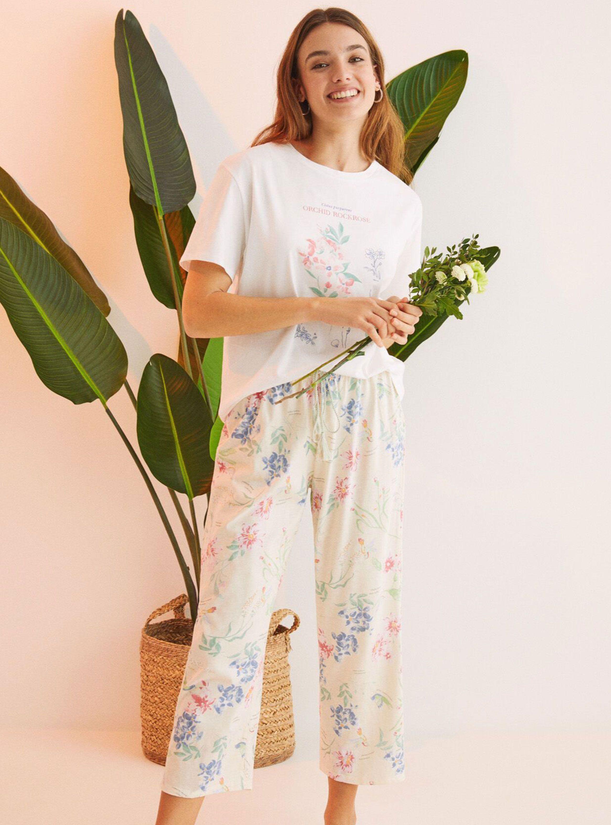 Pijama 100% Algodón Capri Blanco Flores-0