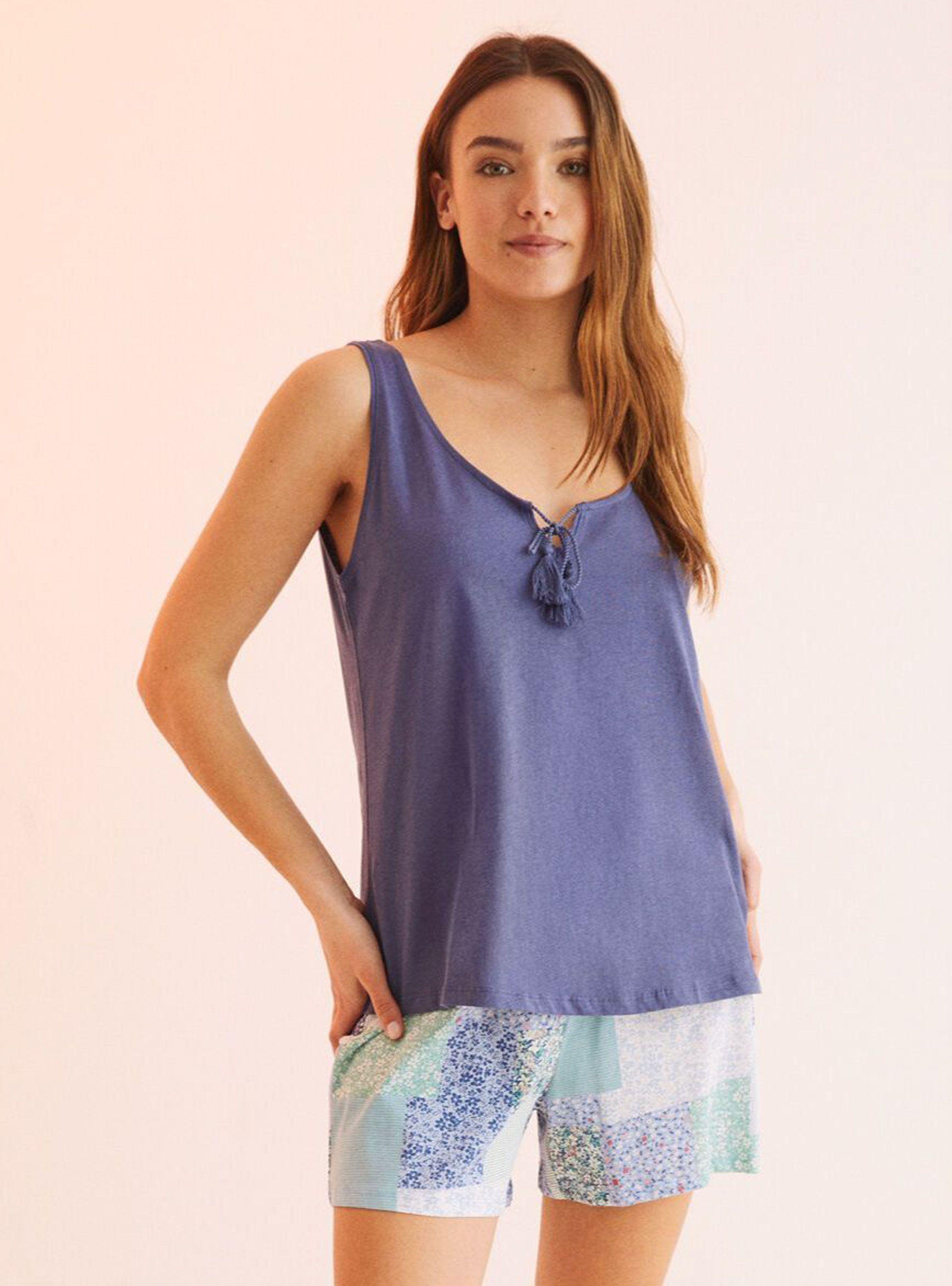 Pijama Corto Tirantes Patchwork Azul 100% Algodón-0
