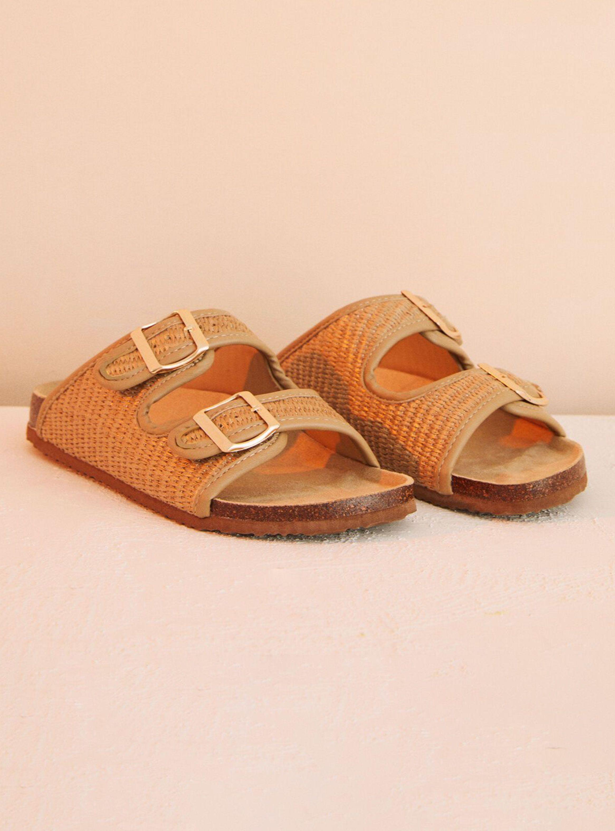 Sandalias Hebillas Rafia Marrón-1