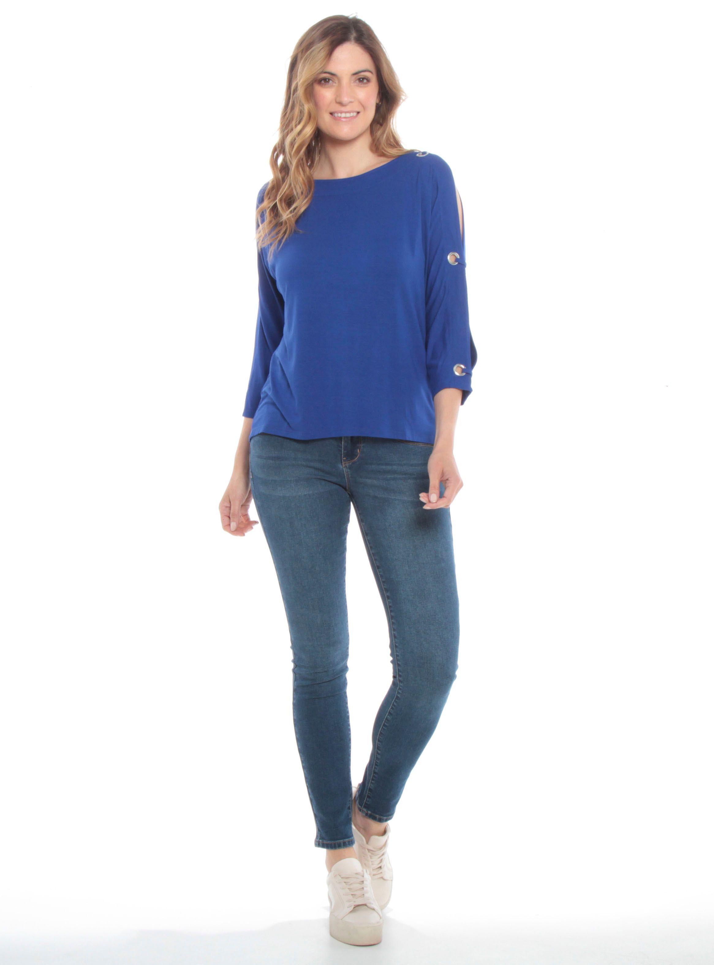 Blusa Azul Mujer Lino Manga 3/4-3