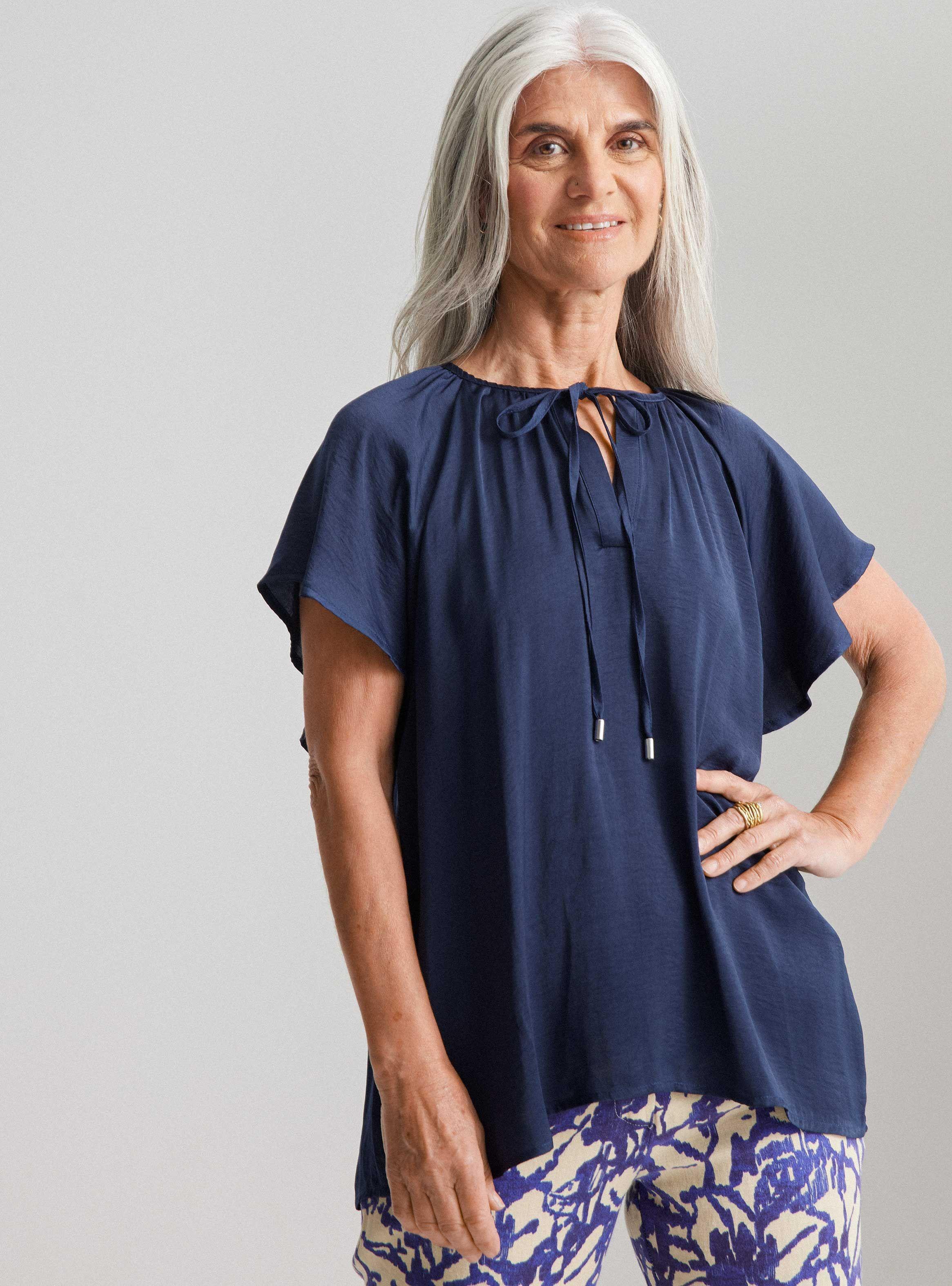Blusa Fluida Manga Raglan y Cordón en Cuello-0
