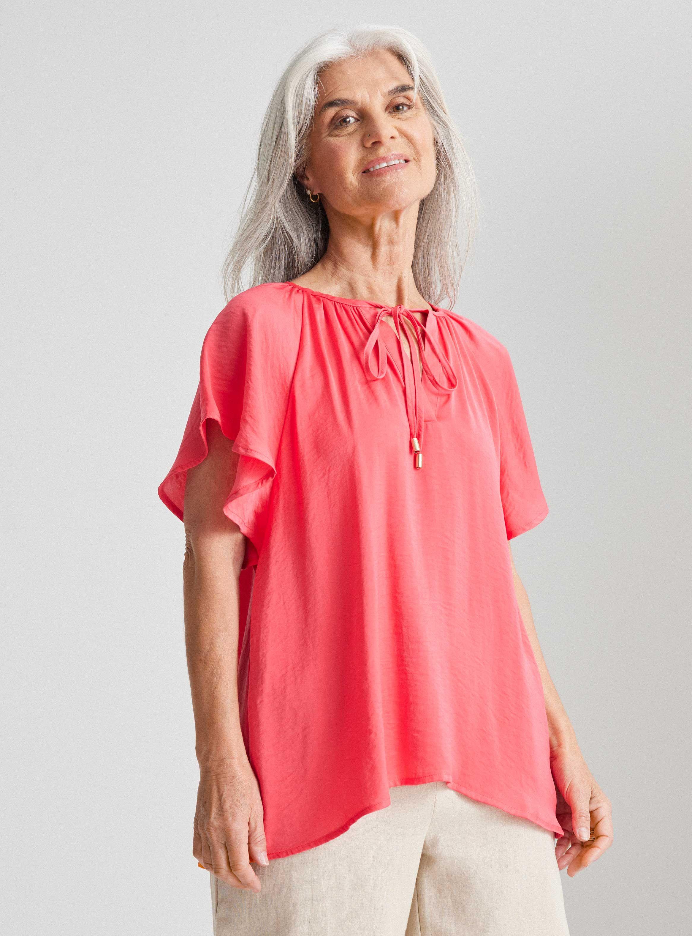 Blusa Fluida Manga Raglan y Cordón en Cuello-0