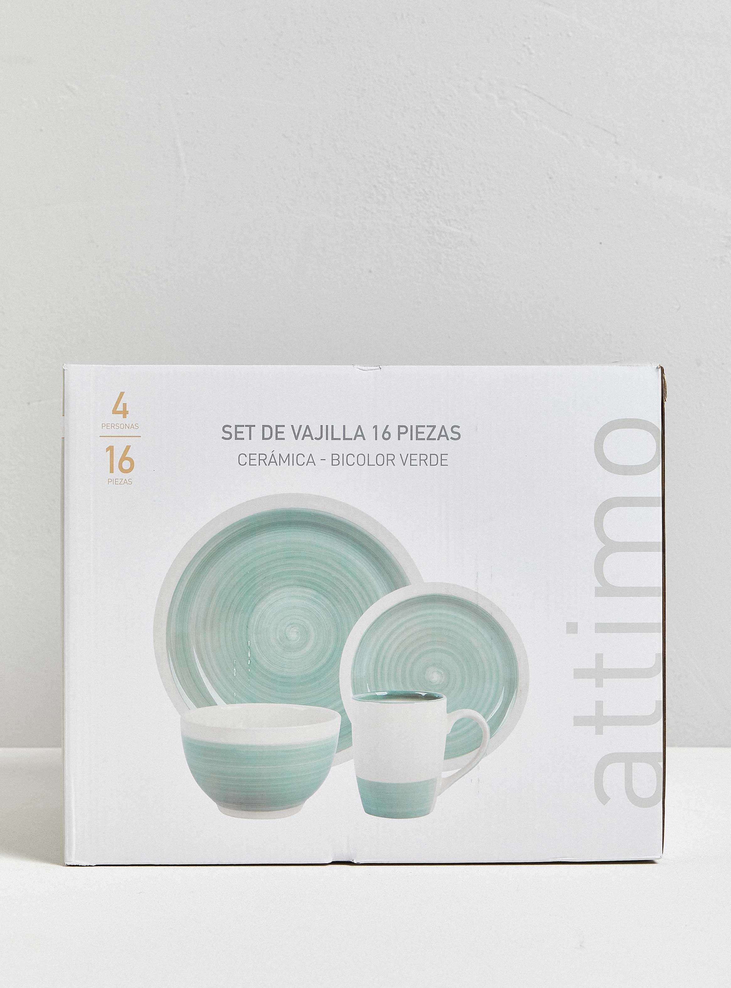 Set Vajilla 16 Piezas Bicolor Verde Cerámica-3