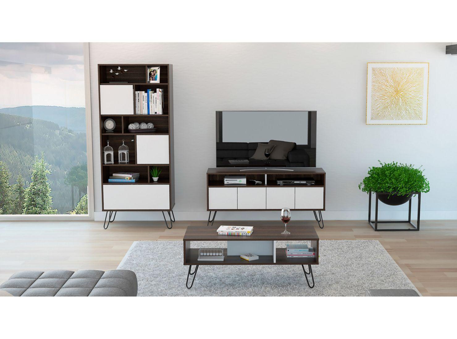 Combo Muebles Vassel Habano Blanco Biblioteca + Rack TV + Mesa de Centro TuHome-1