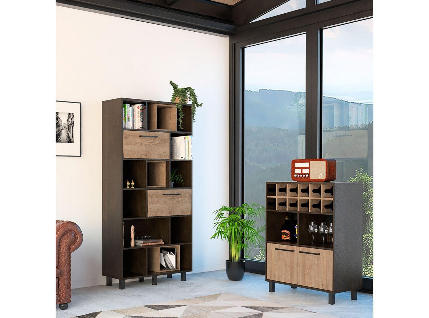 Combo Muebles Kaia Negro Miel Biblioteca + Bar TuHome-5