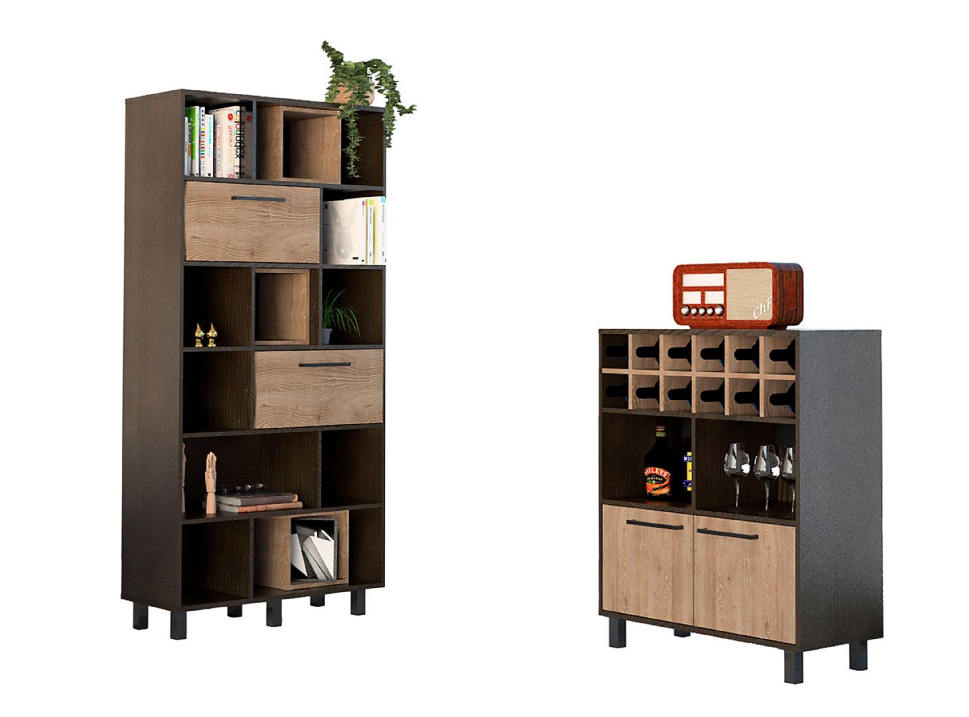 Combo Muebles Kaia Negro Miel Biblioteca + Bar TuHome-0