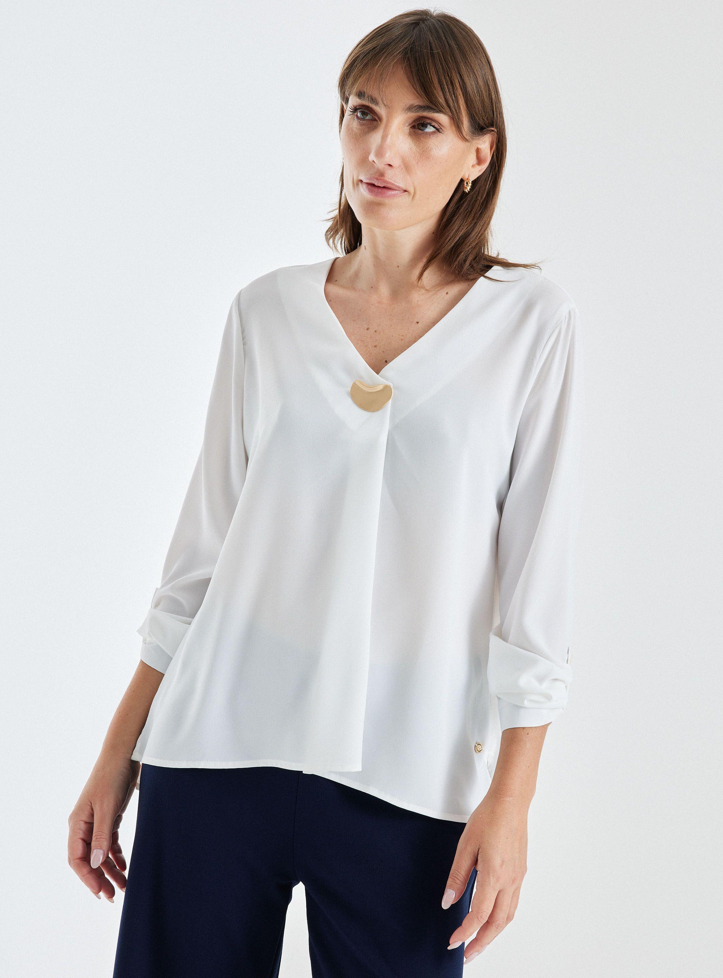 Blusa Escote V Pliegue Centro y Botón Decorativo-0