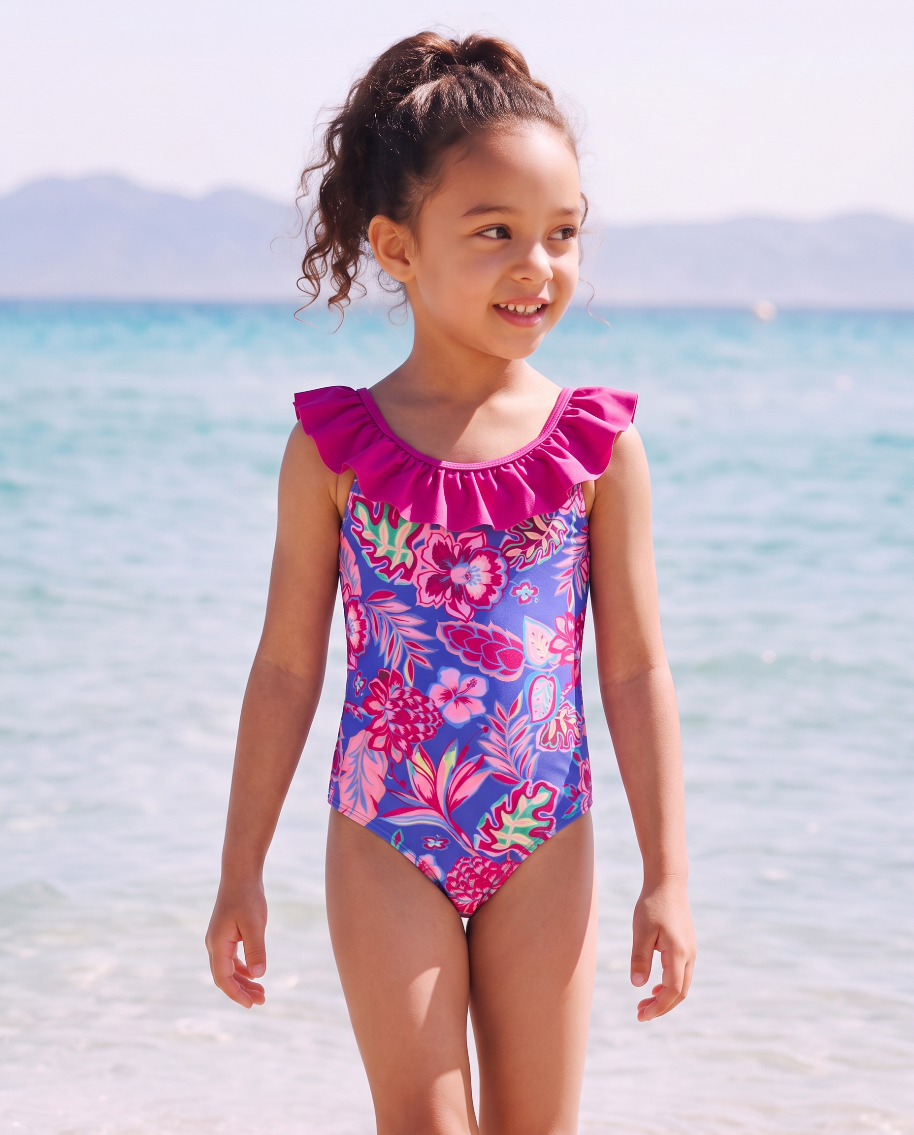 Traje de Baño Diseño Estampado con Vuelo en Contraste-0